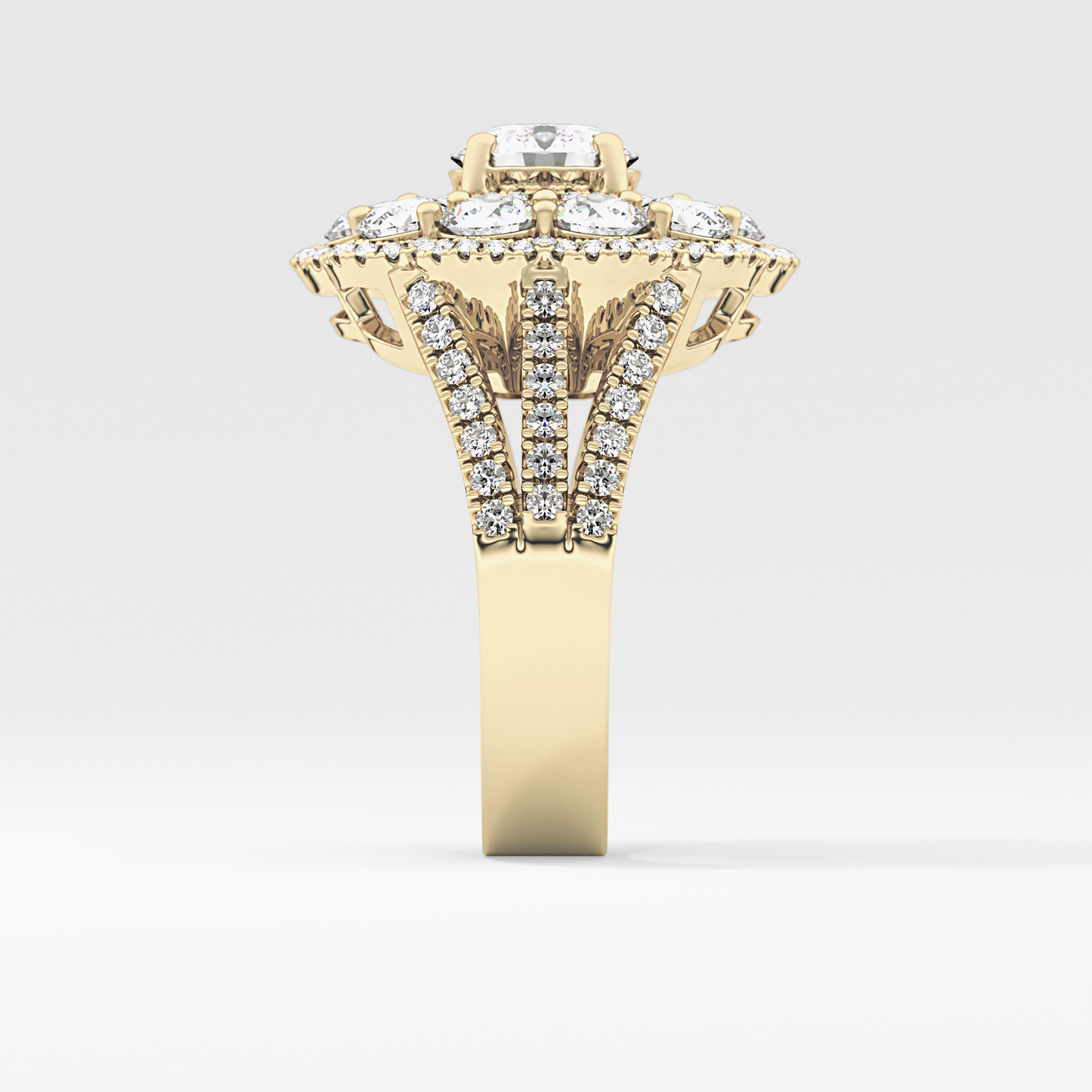 Round Cut 1.13 Carat Moissanite Ring – Cluster & Split Shank Setting in Gold