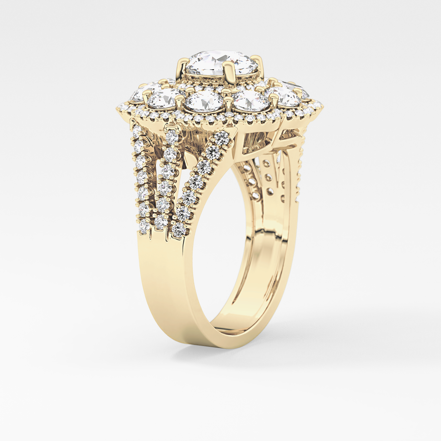 Round Cut 1.13 Carat Moissanite Ring – Cluster & Split Shank Setting in Gold