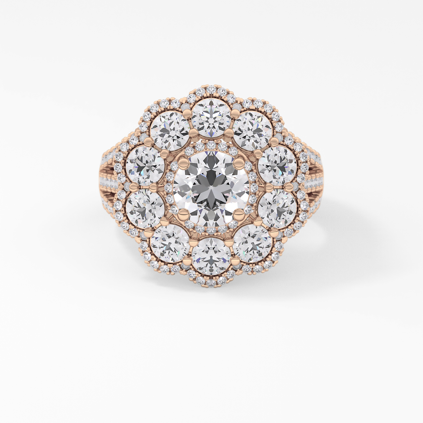 Round Cut 1.13 Carat Moissanite Ring – Cluster & Split Shank Setting in Gold