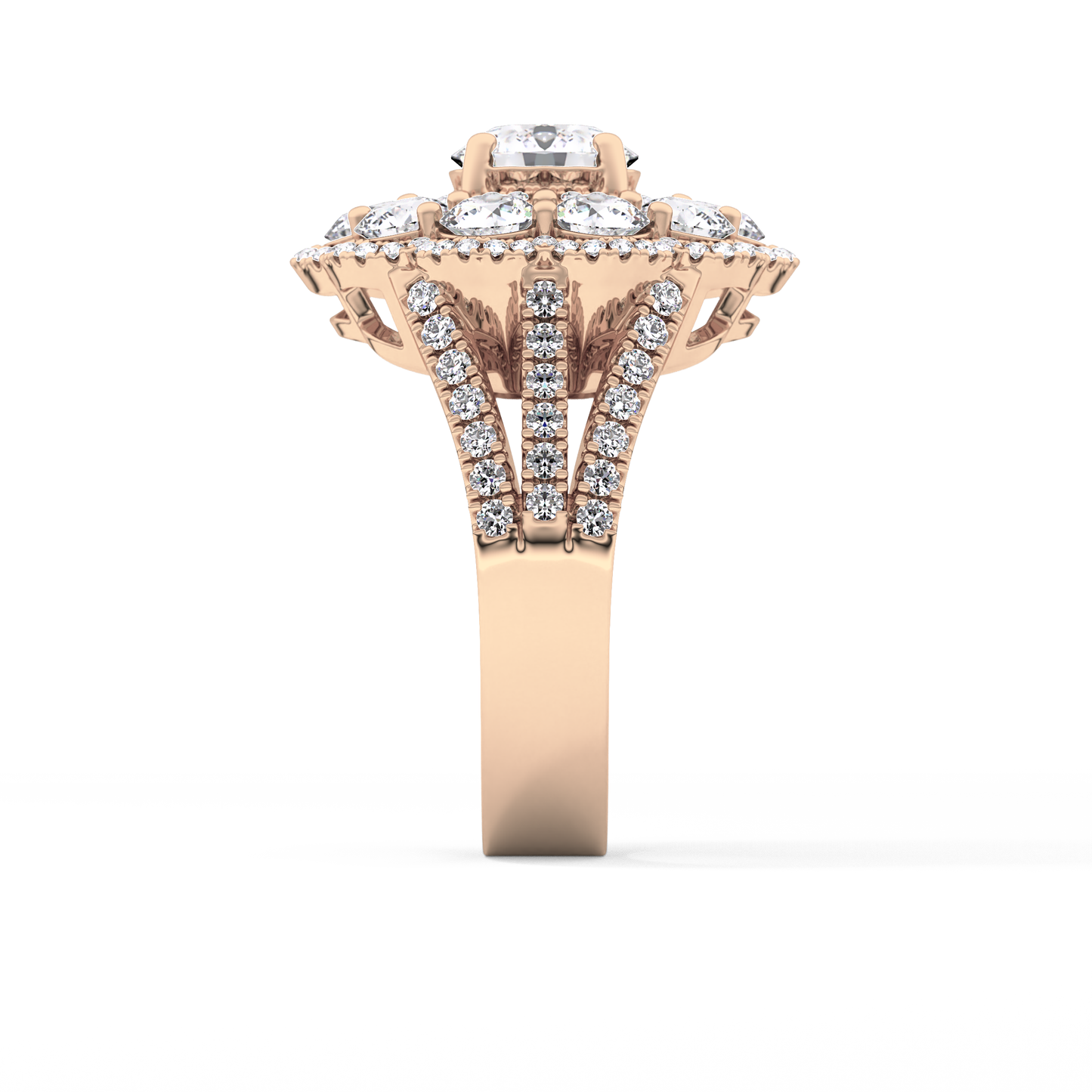 Round Cut 1.13 Carat Moissanite Ring – Cluster & Split Shank Setting in Gold