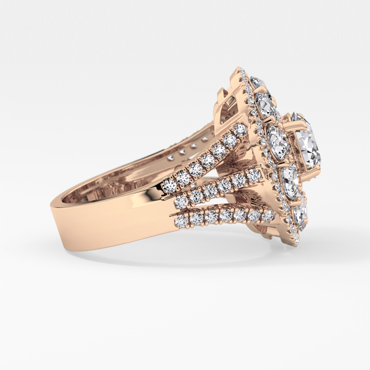 Round Cut 1.13 Carat Moissanite Ring – Cluster & Split Shank Setting in Gold