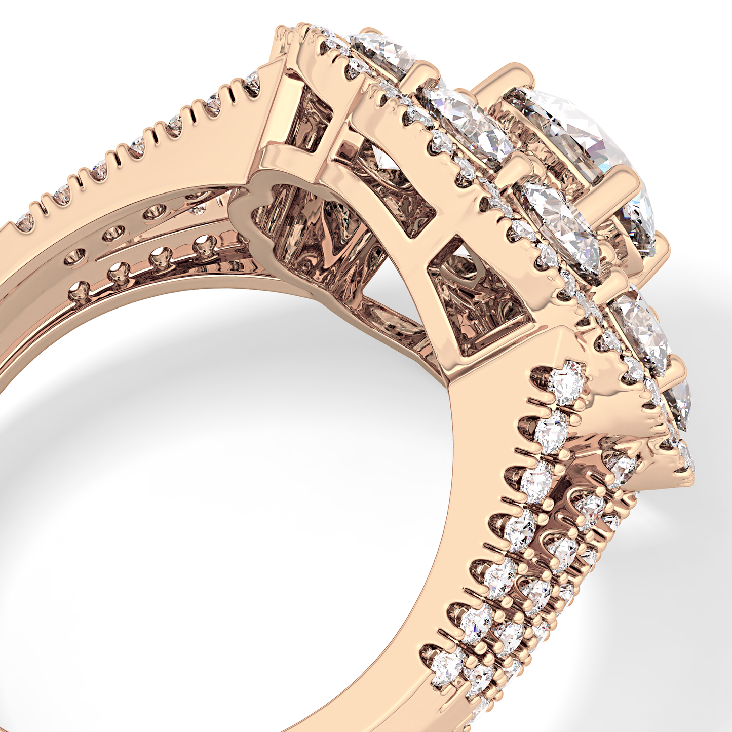 Round Cut 1.13 Carat Moissanite Ring – Cluster & Split Shank Setting in Gold