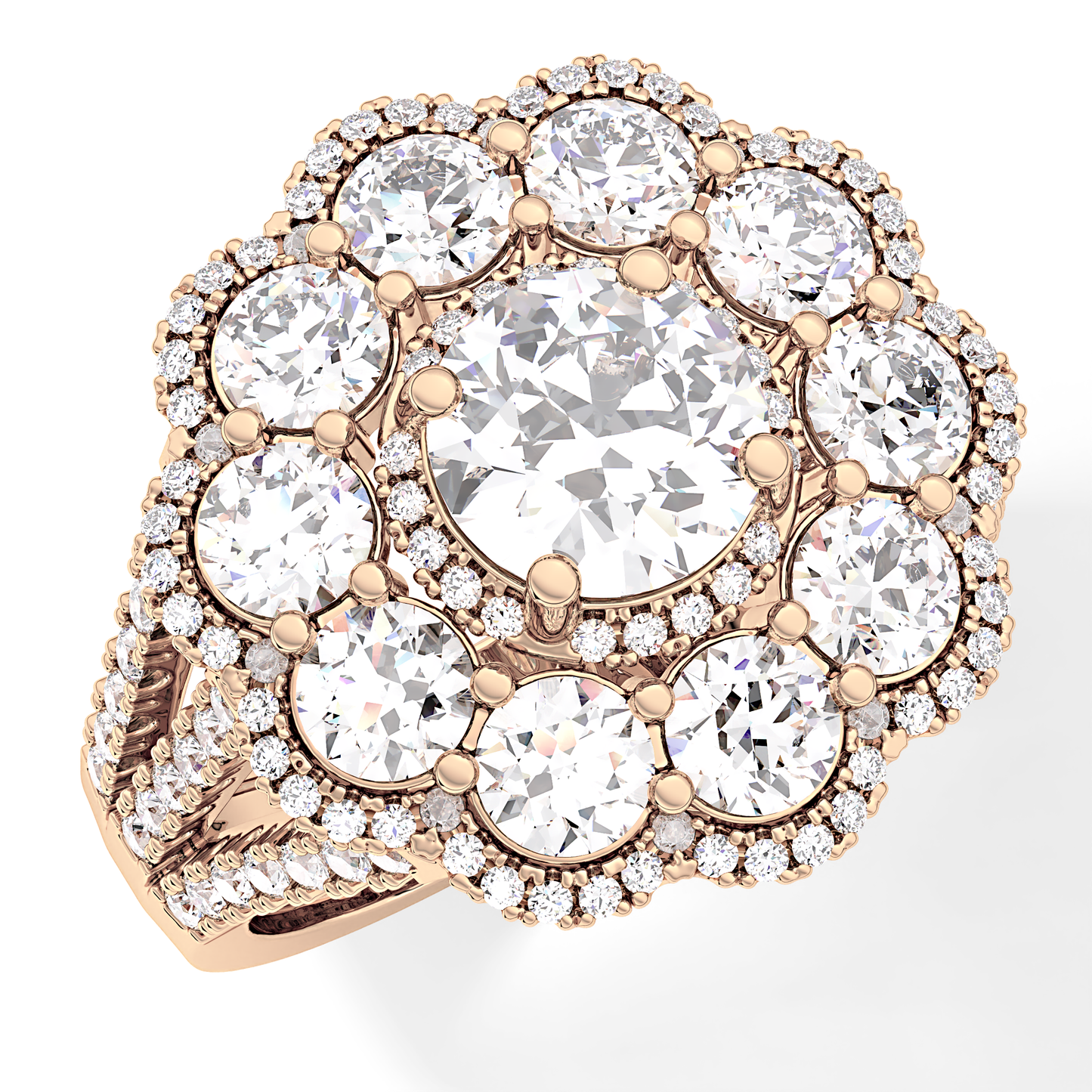 Round Cut 1.13 Carat Moissanite Ring – Cluster & Split Shank Setting in Gold