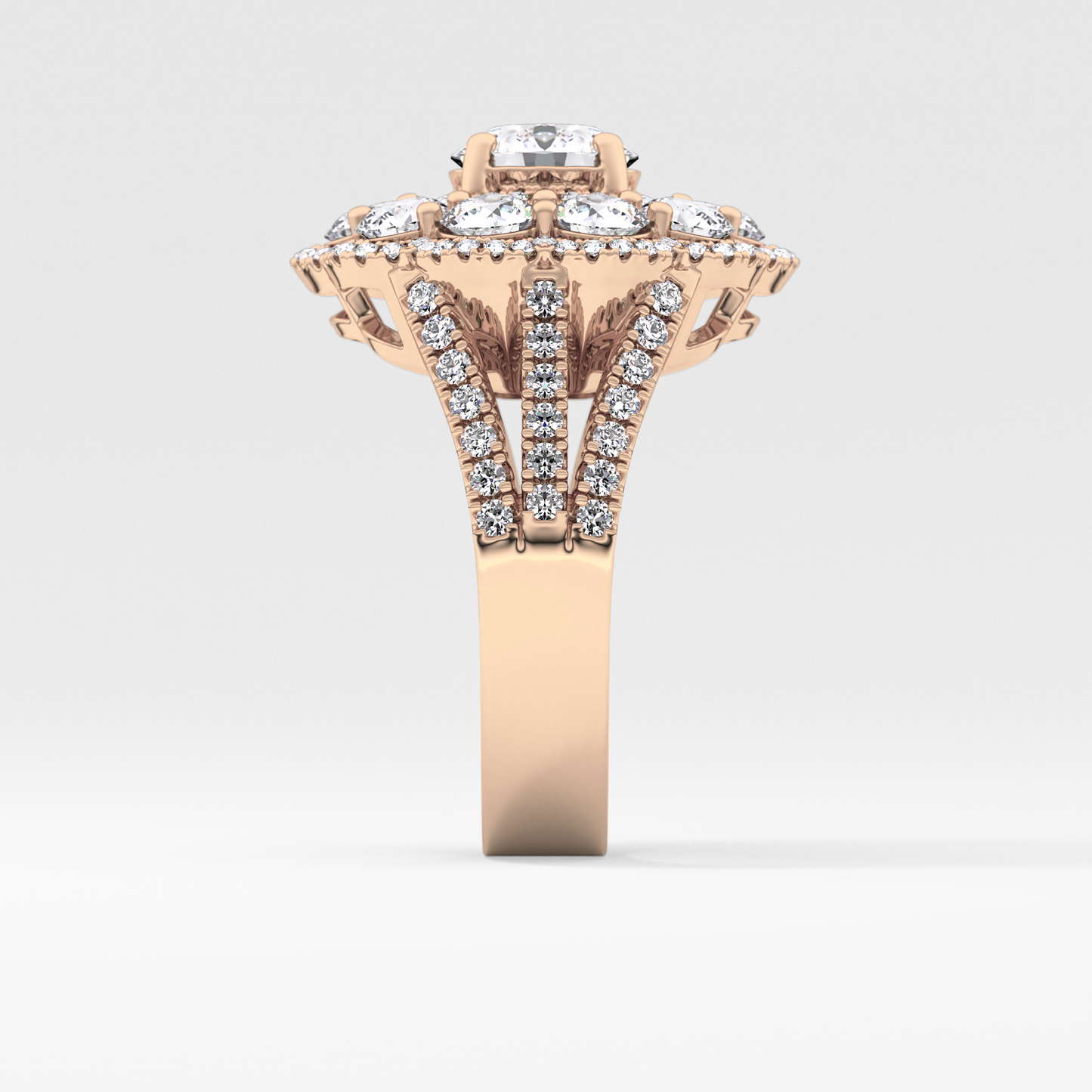 Round Cut 1.13 Carat Moissanite Ring – Cluster & Split Shank Setting in Gold