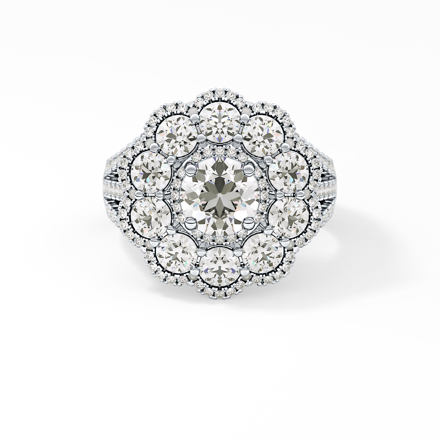 Round Cut 1.13 Carat Moissanite Ring – Cluster & Split Shank Setting in Gold