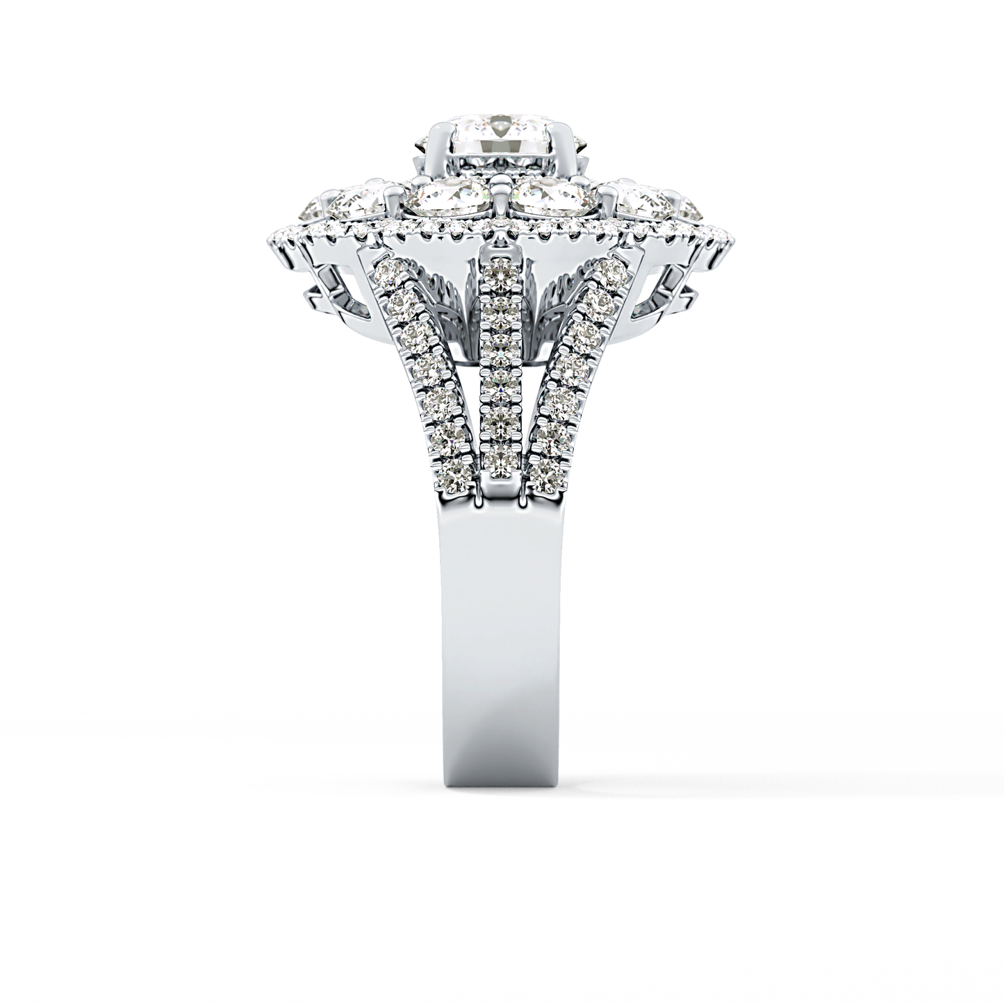 Round Cut 1.13 Carat Moissanite Ring – Cluster & Split Shank Setting in Gold
