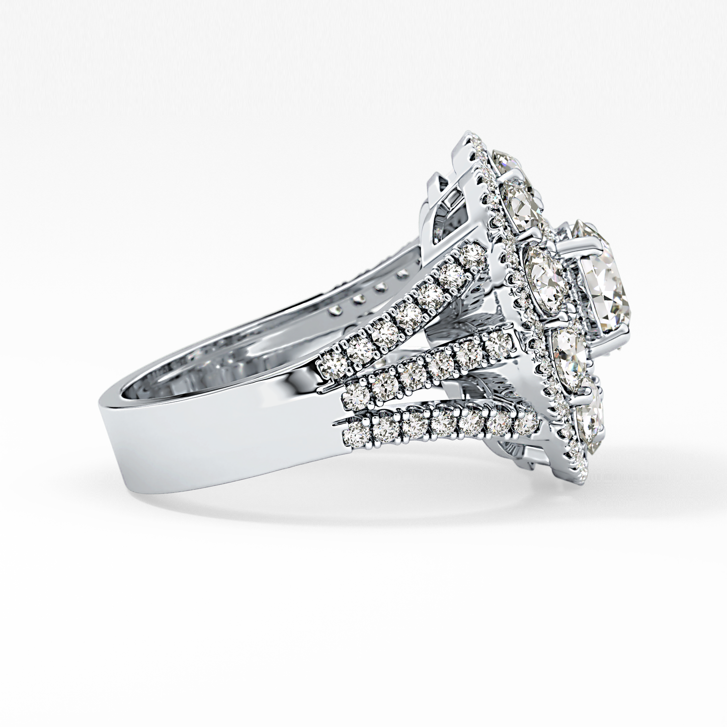 Round Cut 1.13 Carat Moissanite Ring – Cluster & Split Shank Setting in Gold