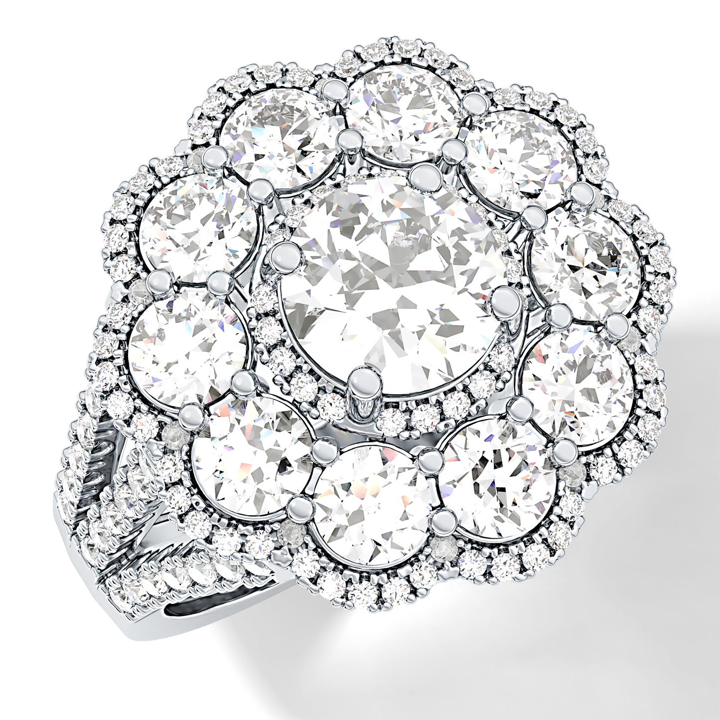 Round Cut 1.13 Carat Moissanite Ring – Cluster & Split Shank Setting in Gold