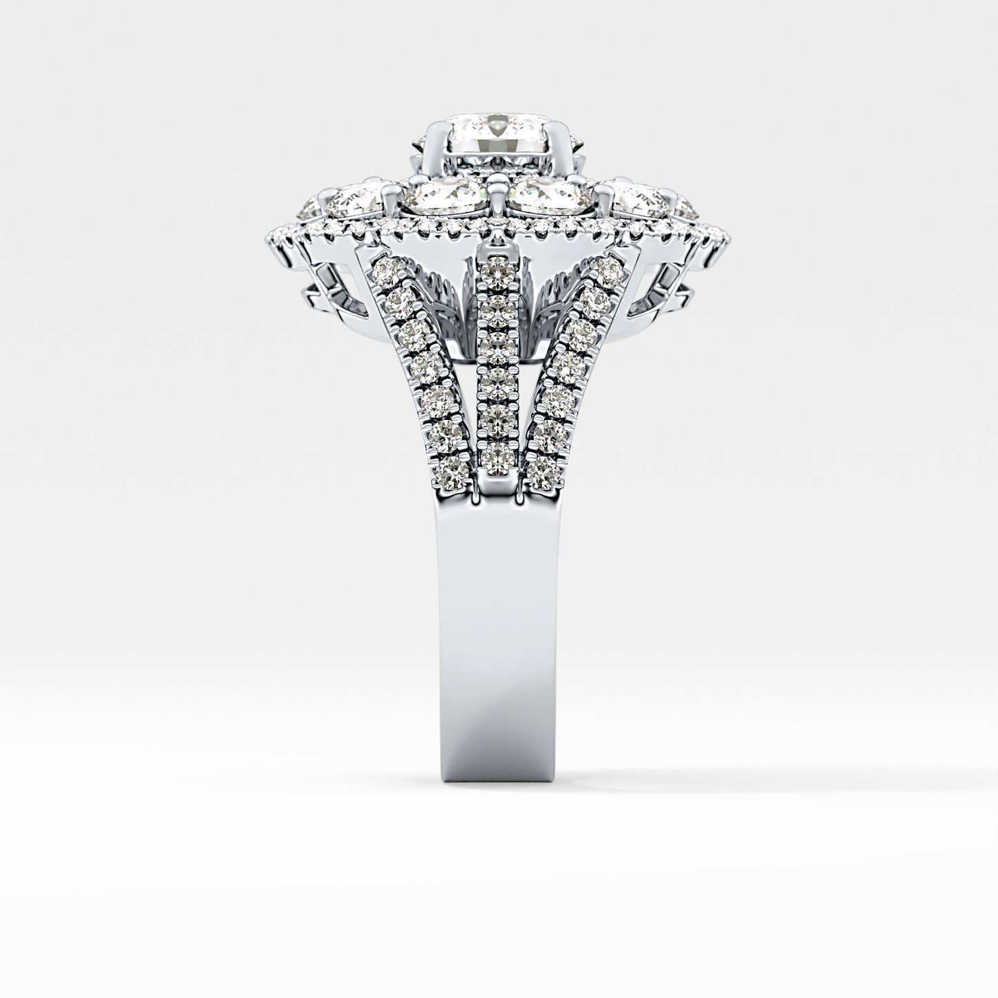 Round Cut 1.13 Carat Moissanite Ring – Cluster & Split Shank Setting in Gold