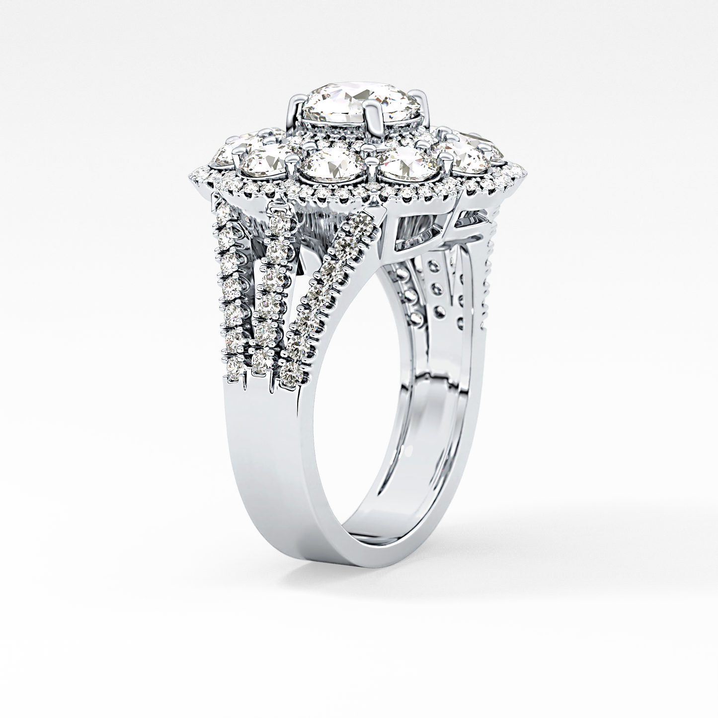 Round Cut 1.13 Carat Moissanite Ring – Cluster & Split Shank Setting in Gold