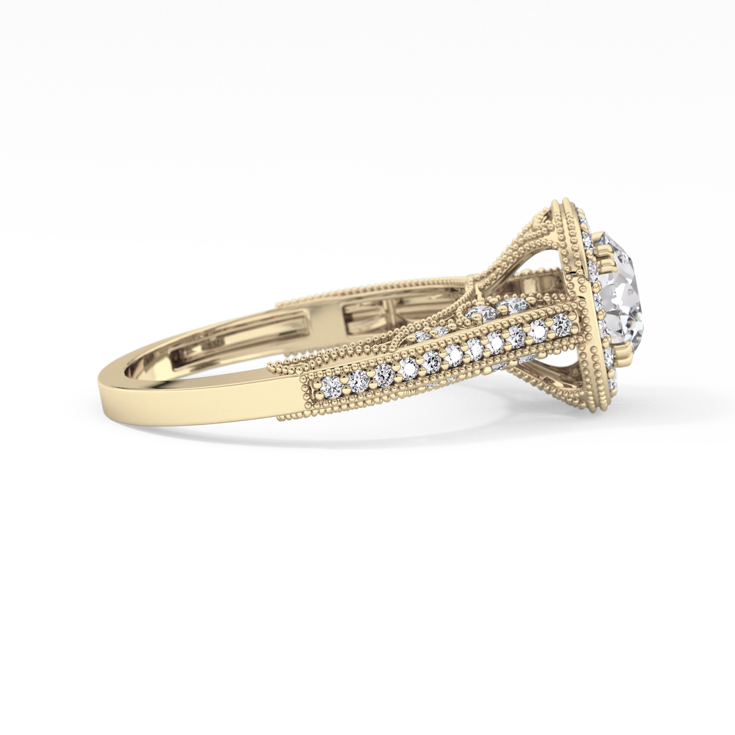 Round Cut 1.05 Carat Moissanite Ring – Halo and Pave Setting in Gold