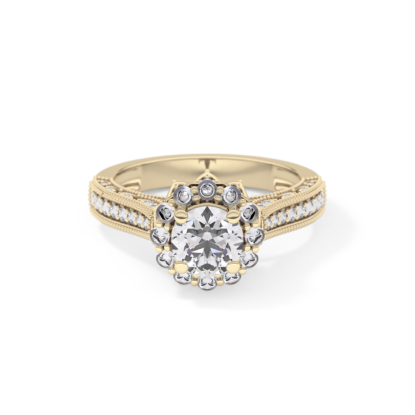 Round Cut 0.79 Carat Moissanite Ring – Halo and Pave Setting in Gold