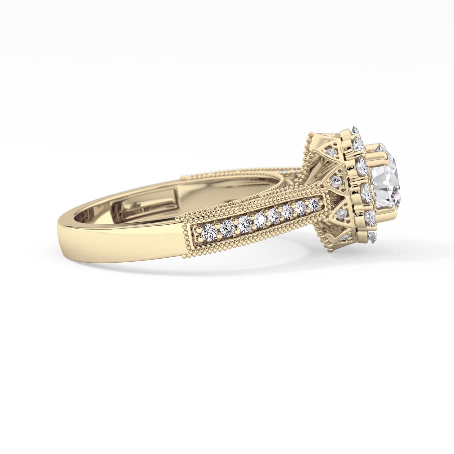 Round Cut 0.79 Carat Moissanite Ring – Halo and Pave Setting in Gold