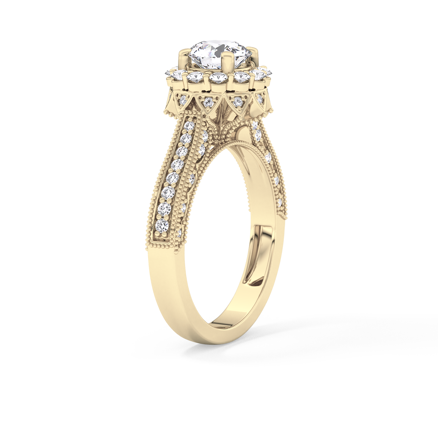 Round Cut 0.79 Carat Moissanite Ring – Halo and Pave Setting in Gold