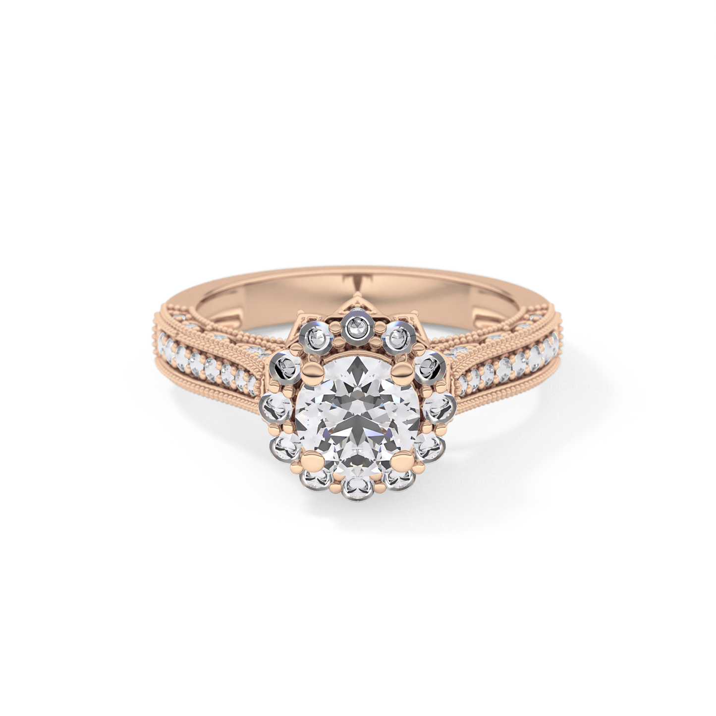 Round Cut 0.79 Carat Moissanite Ring – Halo and Pave Setting in Gold