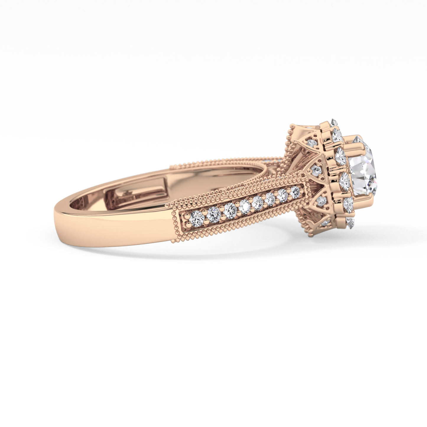 Round Cut 0.79 Carat Moissanite Ring – Halo and Pave Setting in Gold