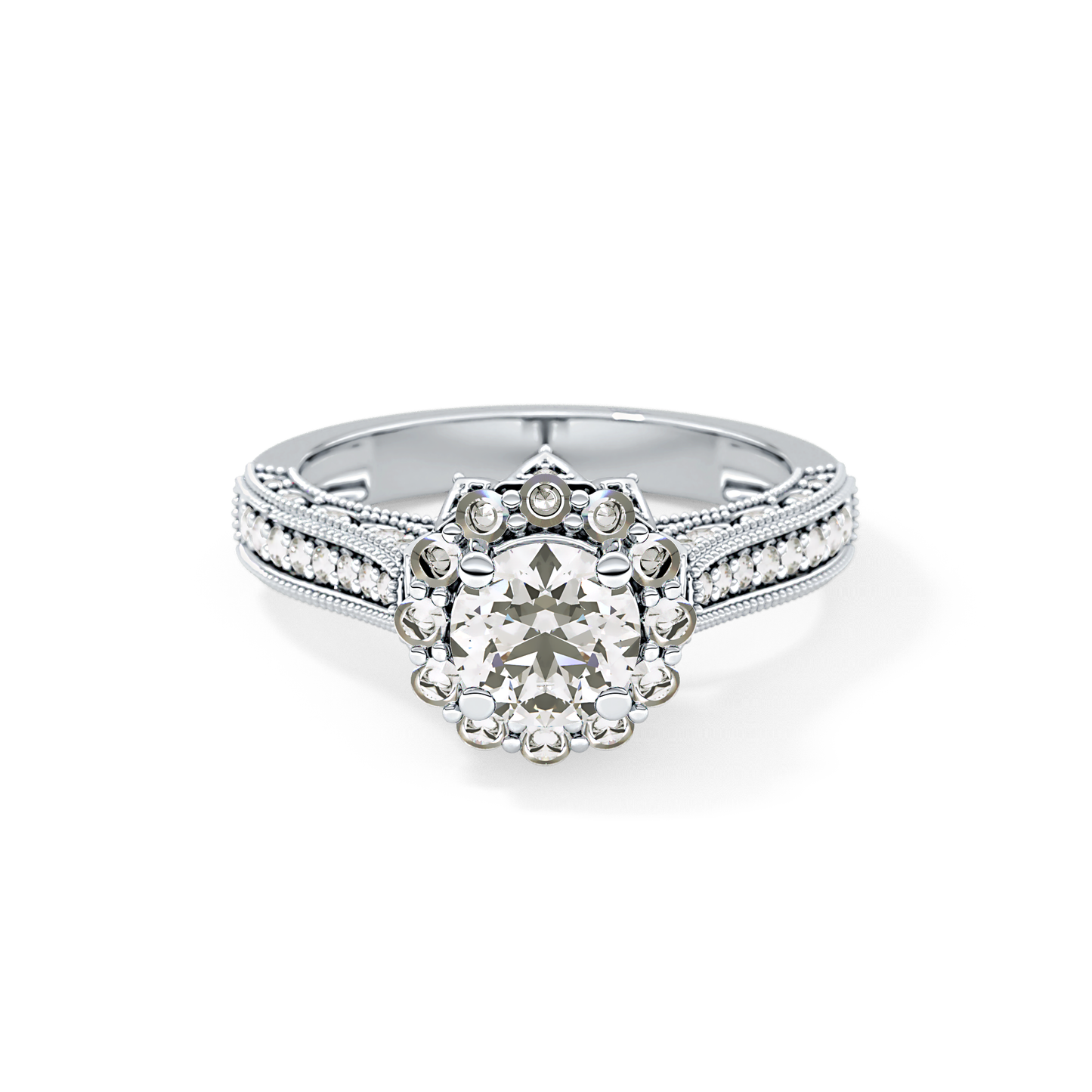 Round Cut 0.79 Carat Moissanite Ring – Halo and Pave Setting in Gold