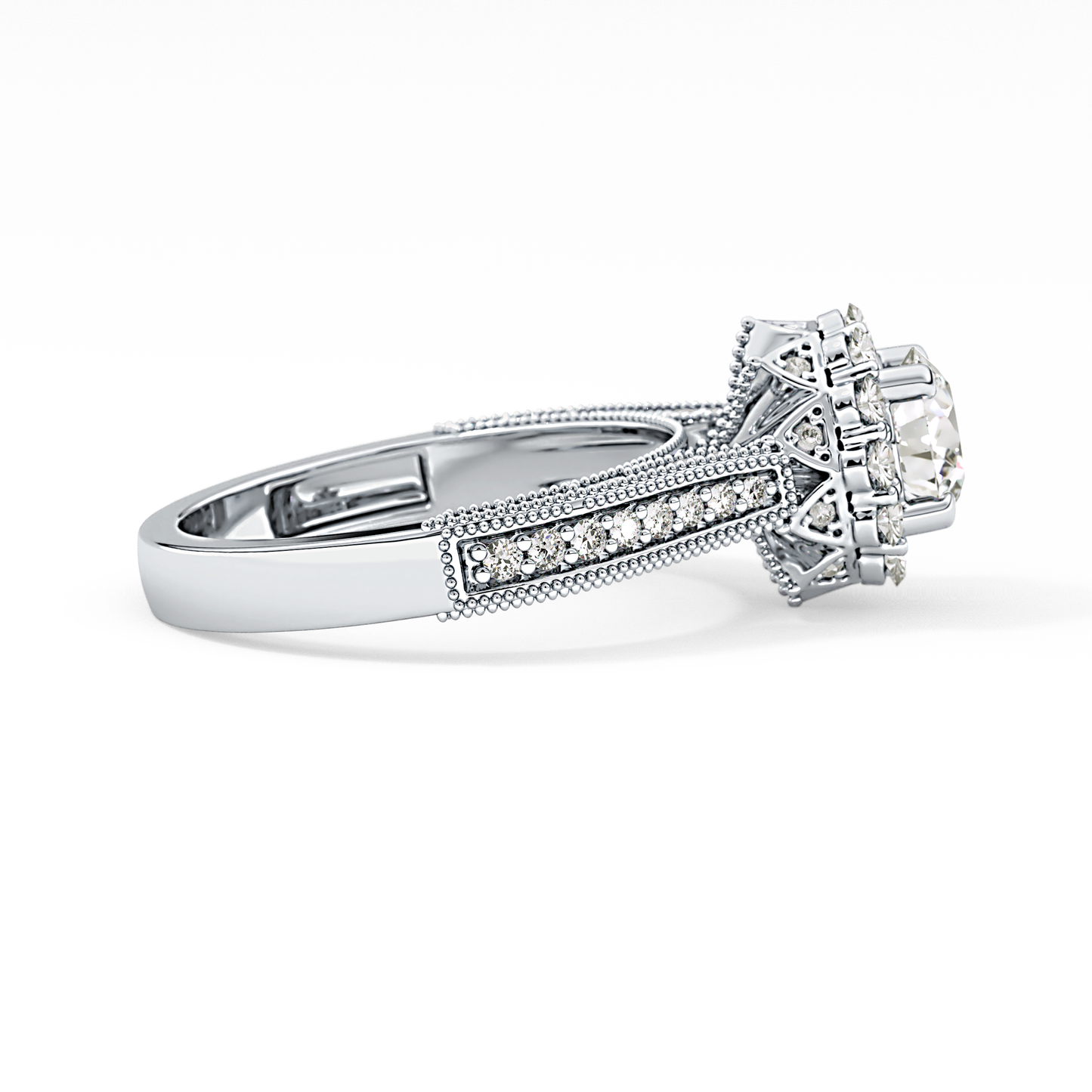 Round Cut 0.79 Carat Moissanite Ring – Halo and Pave Setting in Gold