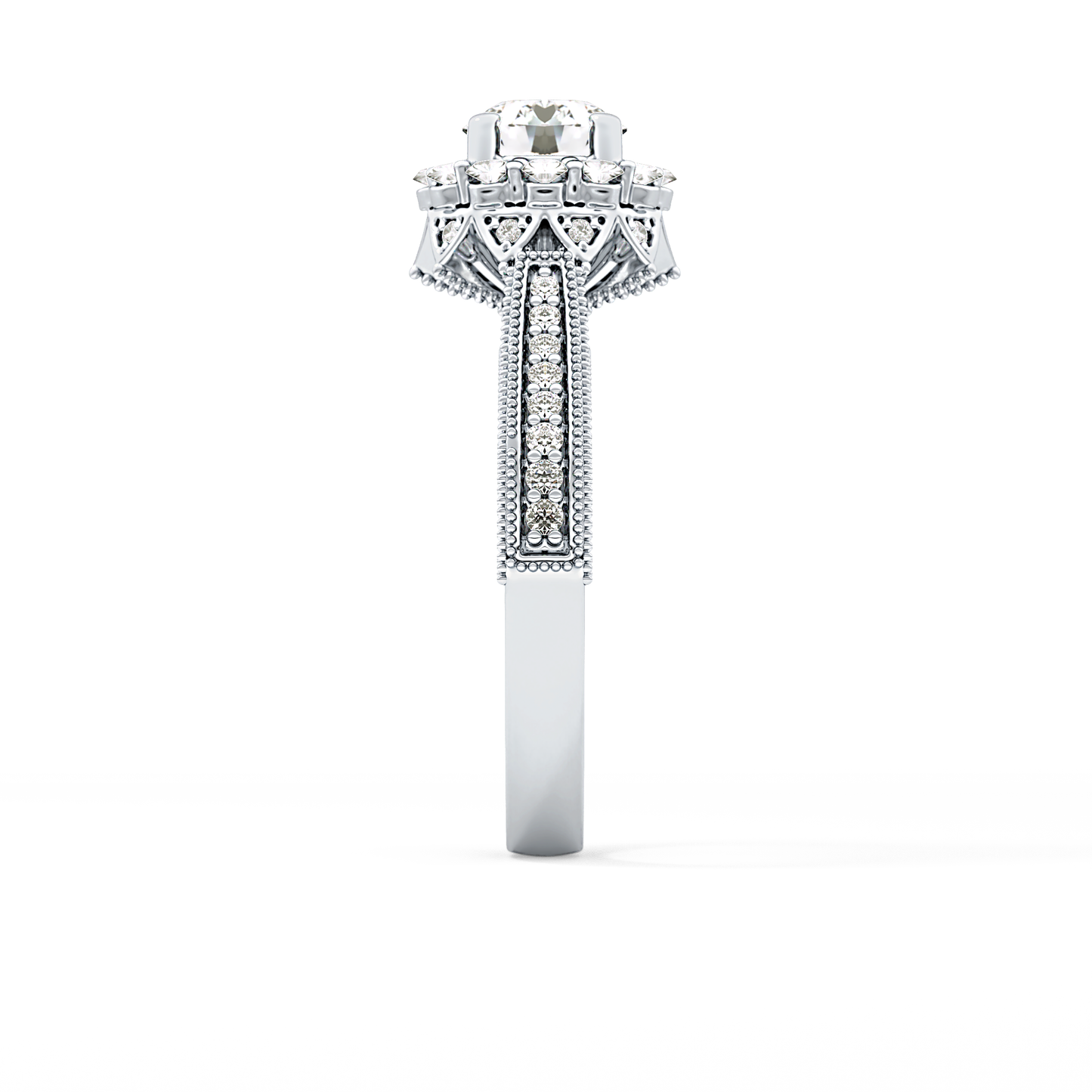 Round Cut 0.79 Carat Moissanite Ring – Halo and Pave Setting in Gold