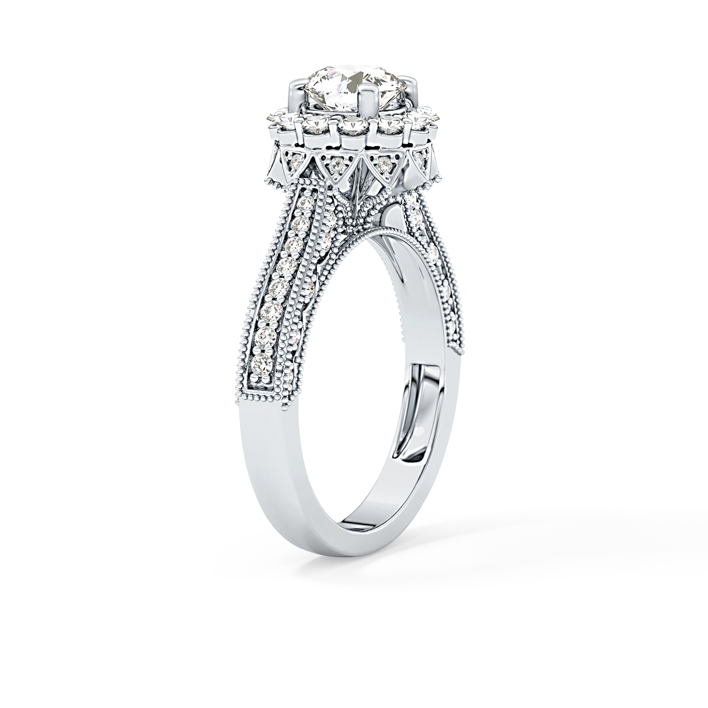 Round Cut 0.79 Carat Moissanite Ring – Halo and Pave Setting in Gold