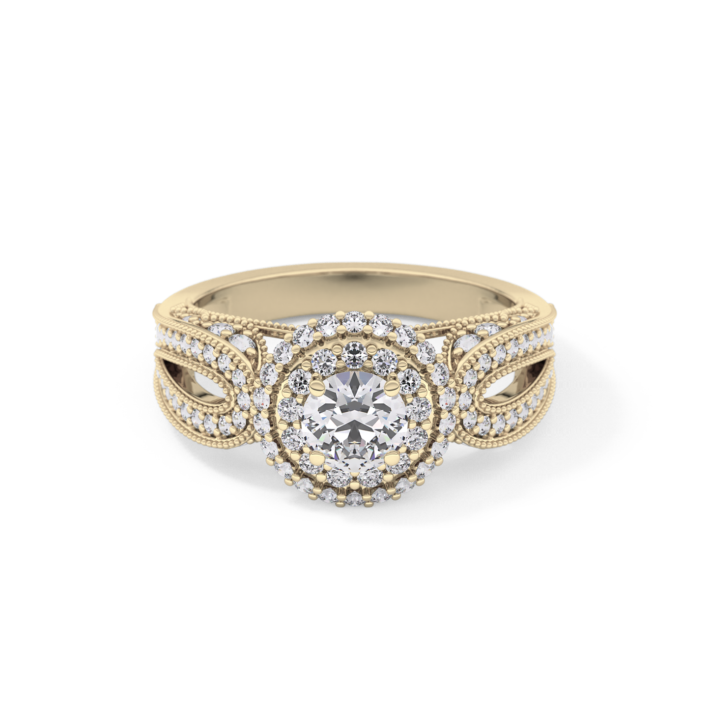 Round Cut 0.49 Carat Moissanite Ring – Double Halo and Pave Setting in Gold