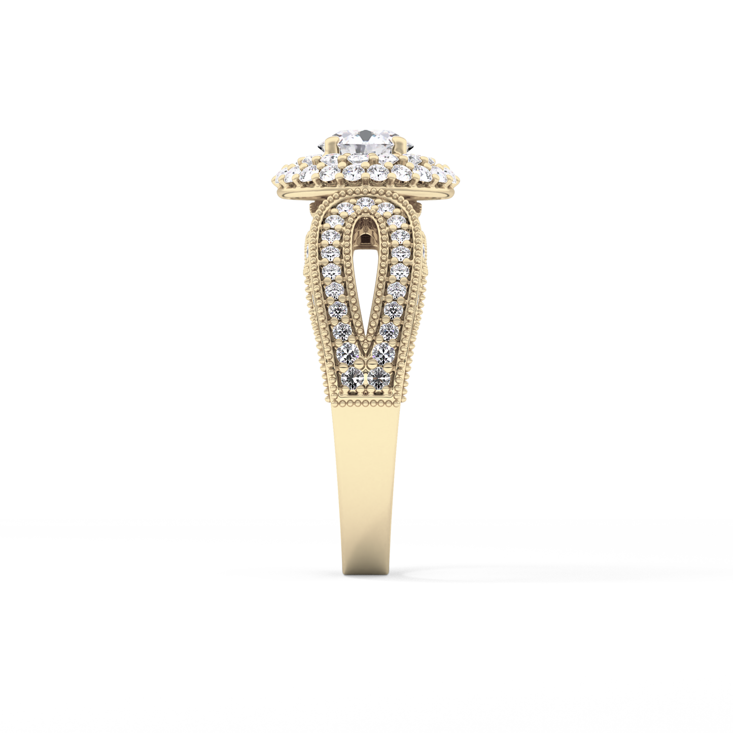 Round Cut 0.49 Carat Moissanite Ring – Double Halo and Pave Setting in Gold