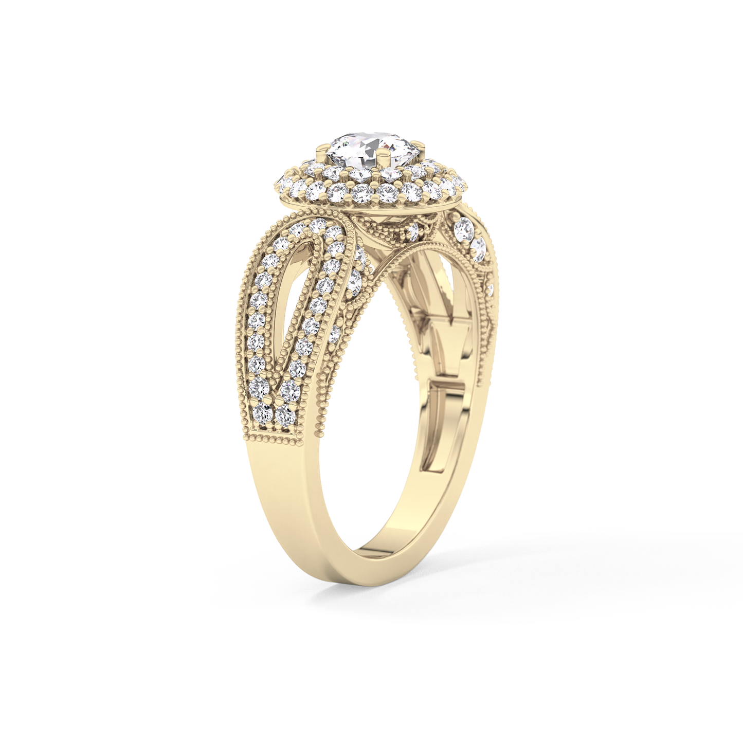 Round Cut 0.49 Carat Moissanite Ring – Double Halo and Pave Setting in Gold