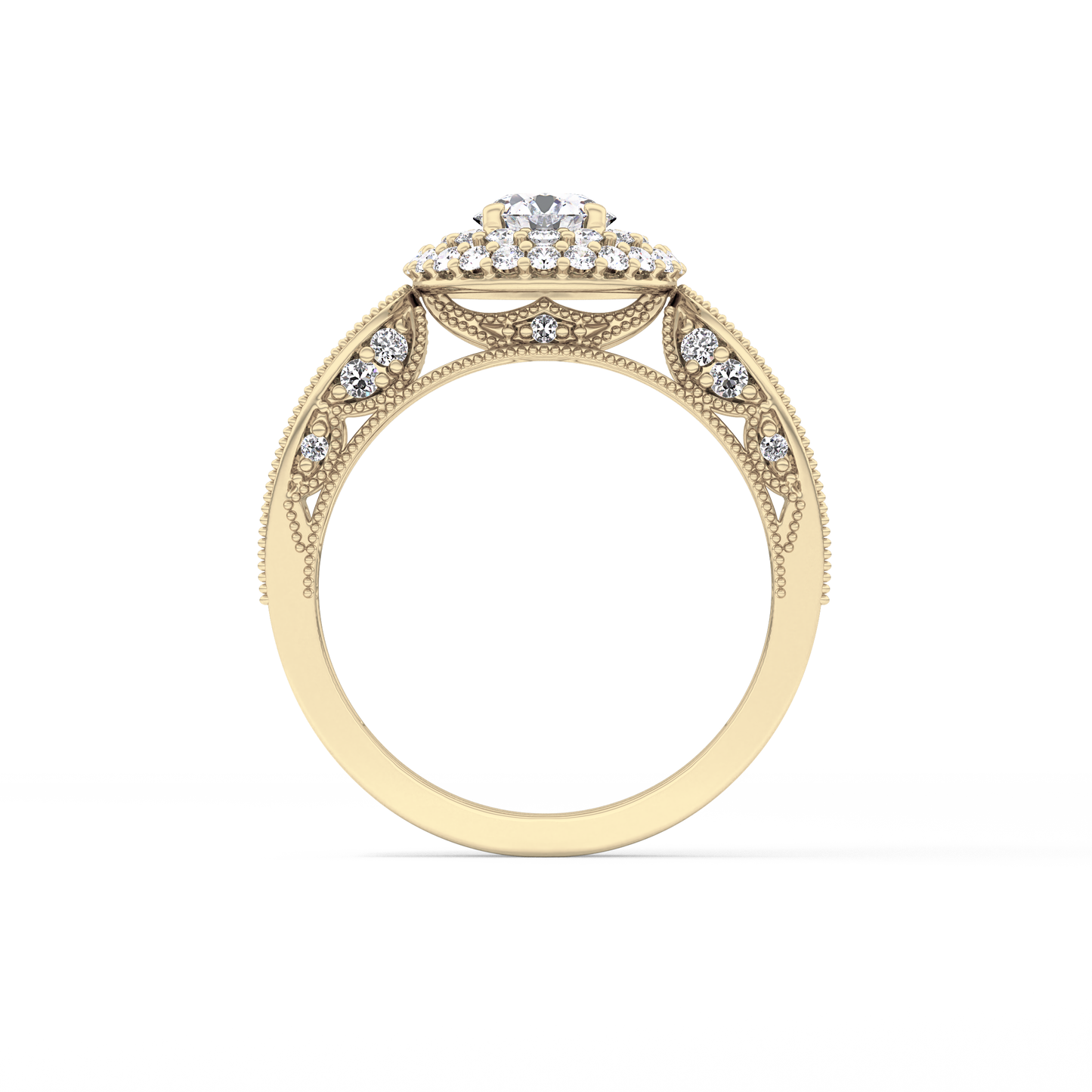 Round Cut 0.49 Carat Moissanite Ring – Double Halo and Pave Setting in Gold