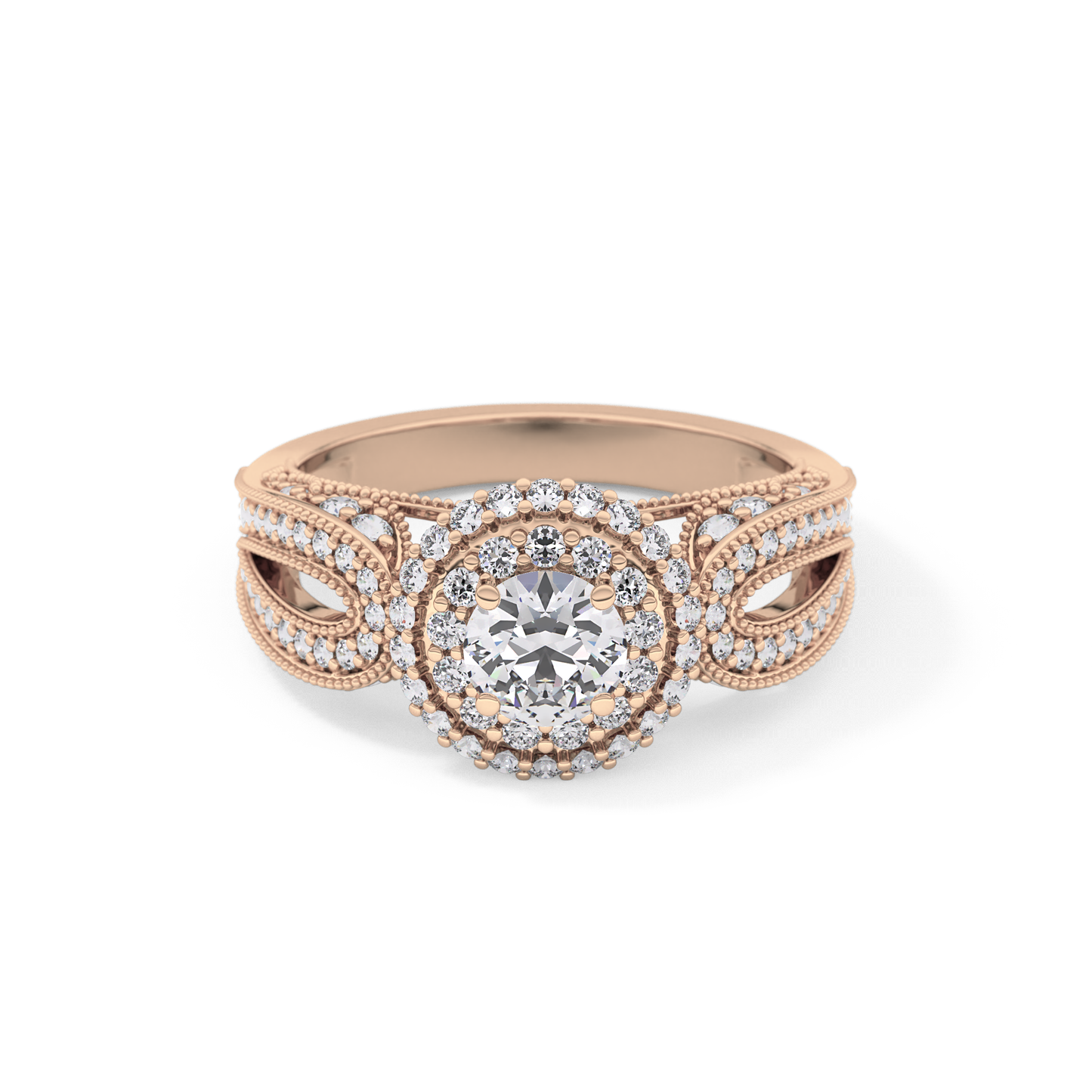 Round Cut 0.49 Carat Moissanite Ring – Double Halo and Pave Setting in Gold