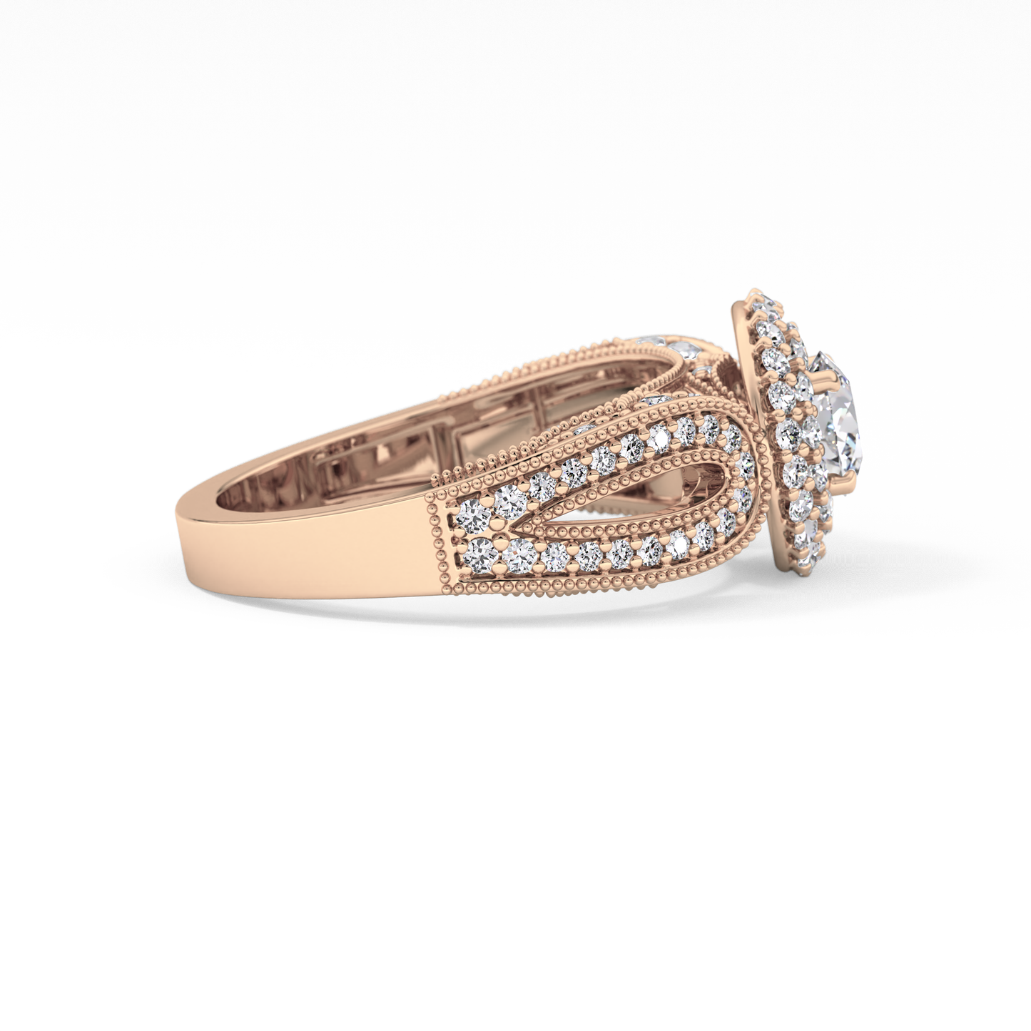 Round Cut 0.49 Carat Moissanite Ring – Double Halo and Pave Setting in Gold