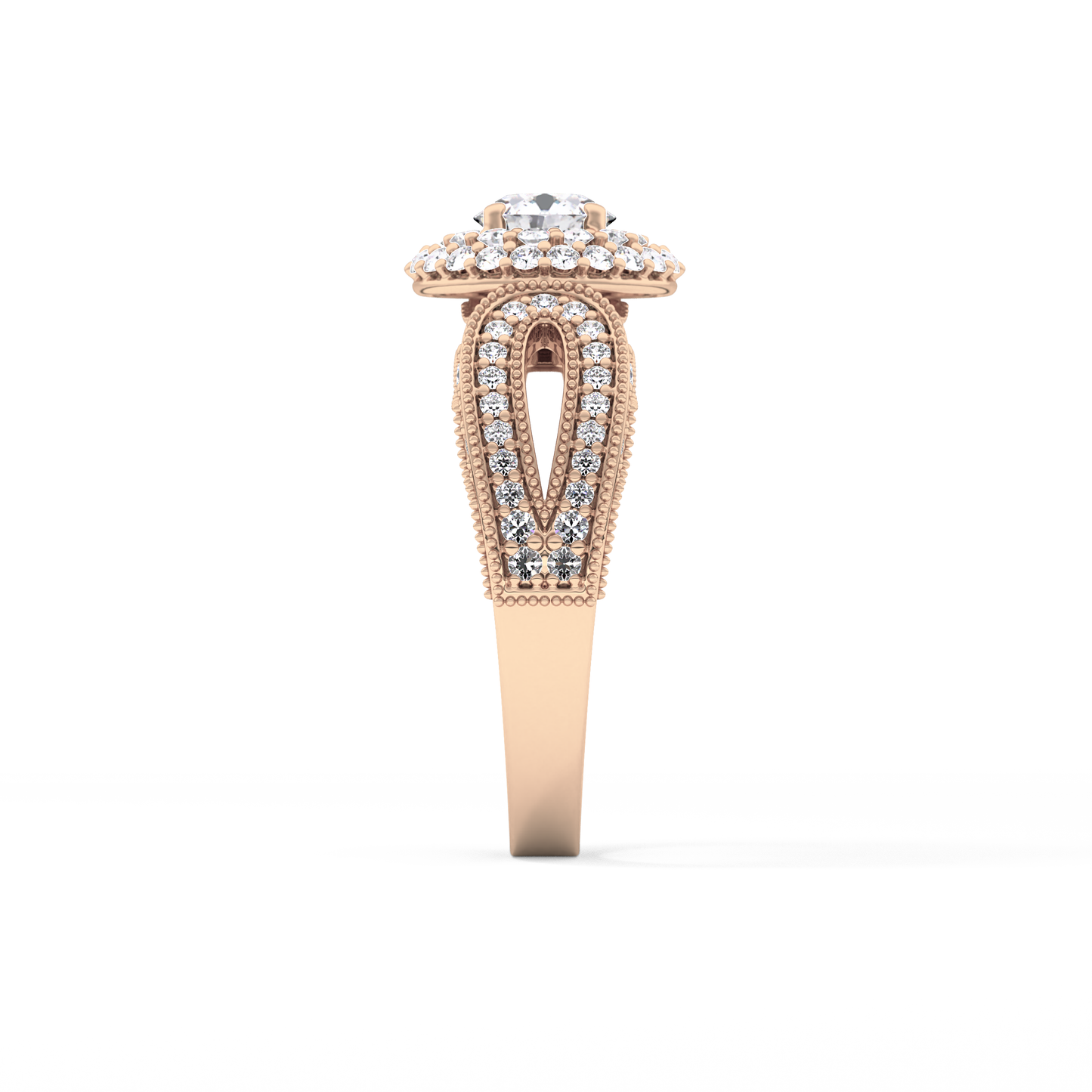 Round Cut 0.49 Carat Moissanite Ring – Double Halo and Pave Setting in Gold