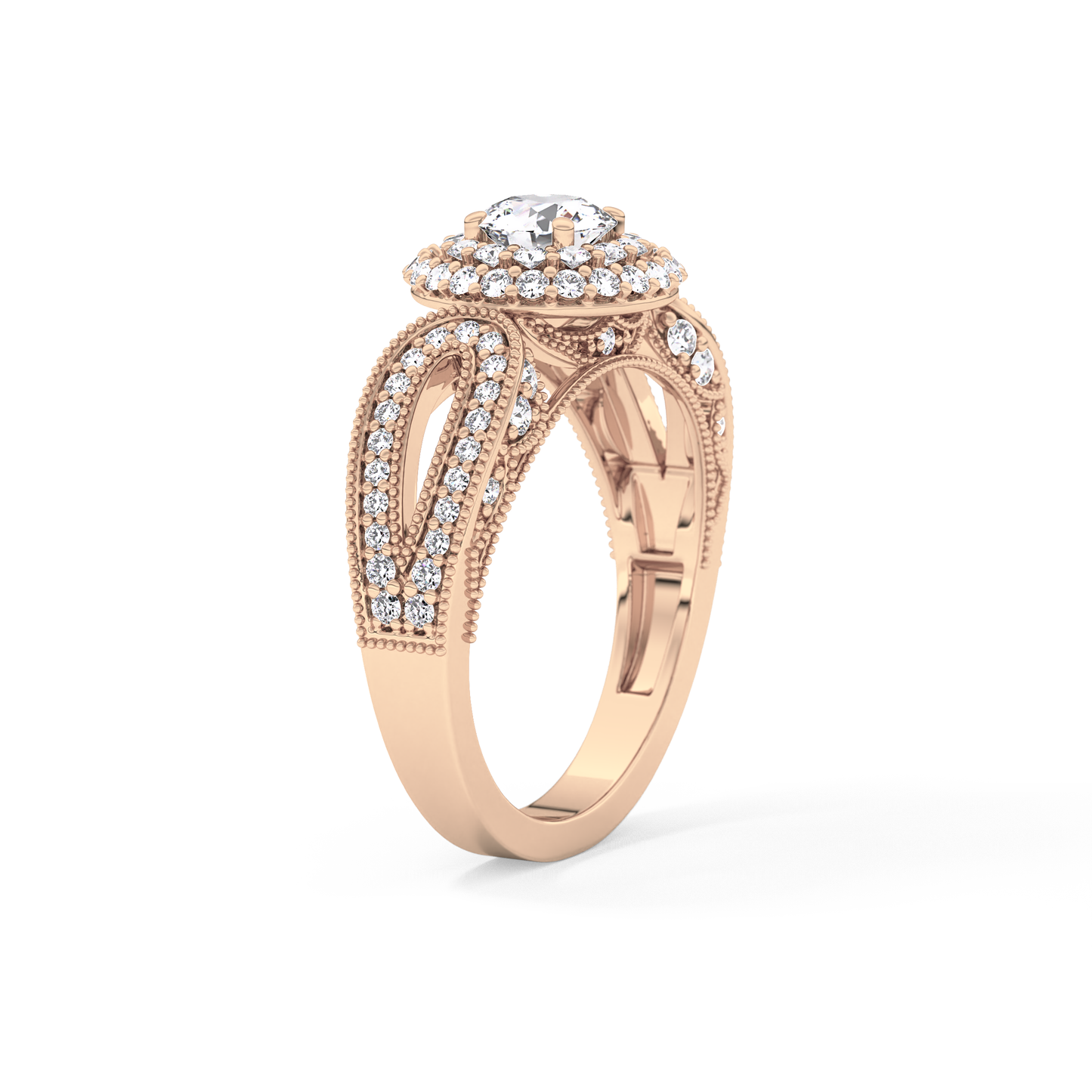 Round Cut 0.49 Carat Moissanite Ring – Double Halo and Pave Setting in Gold