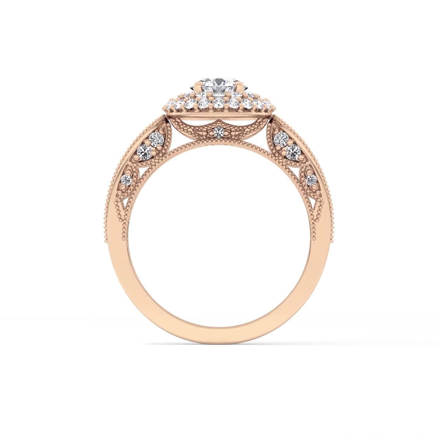 Round Cut 0.49 Carat Moissanite Ring – Double Halo and Pave Setting in Gold