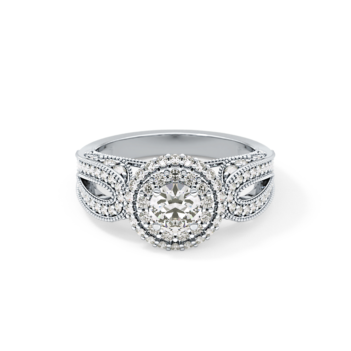 Round Cut 0.49 Carat Moissanite Ring – Double Halo and Pave Setting in Gold