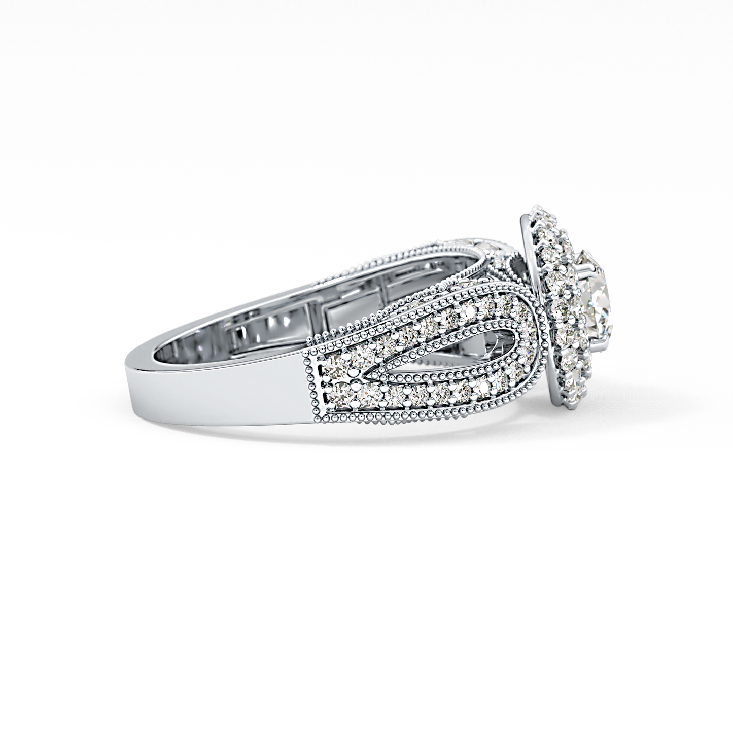Round Cut 0.49 Carat Moissanite Ring – Double Halo and Pave Setting in Gold