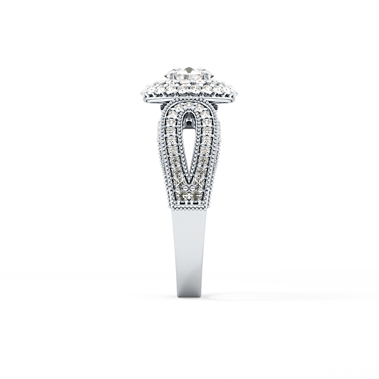 Round Cut 0.49 Carat Moissanite Ring – Double Halo and Pave Setting in Gold