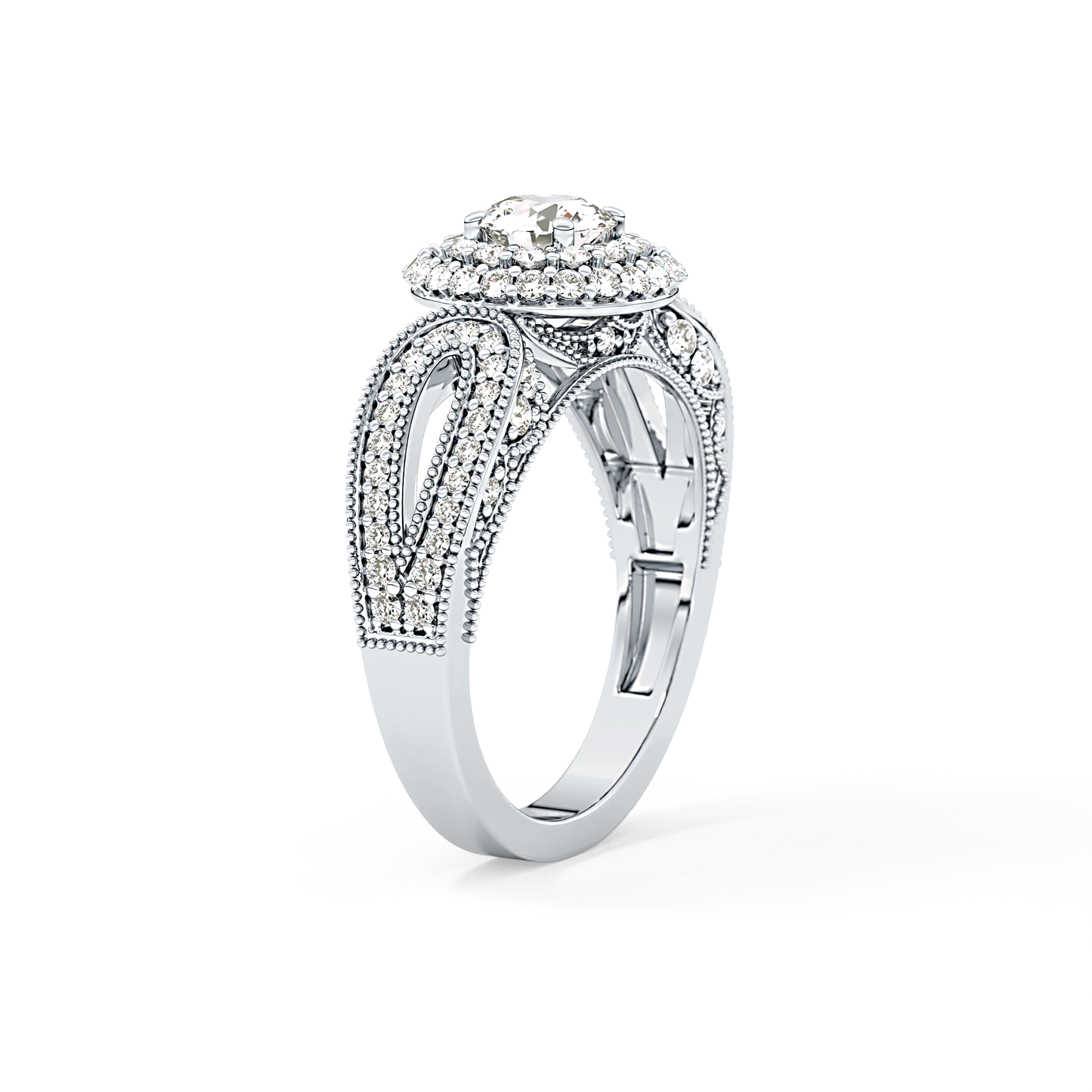 Round Cut 0.49 Carat Moissanite Ring – Double Halo and Pave Setting in Gold