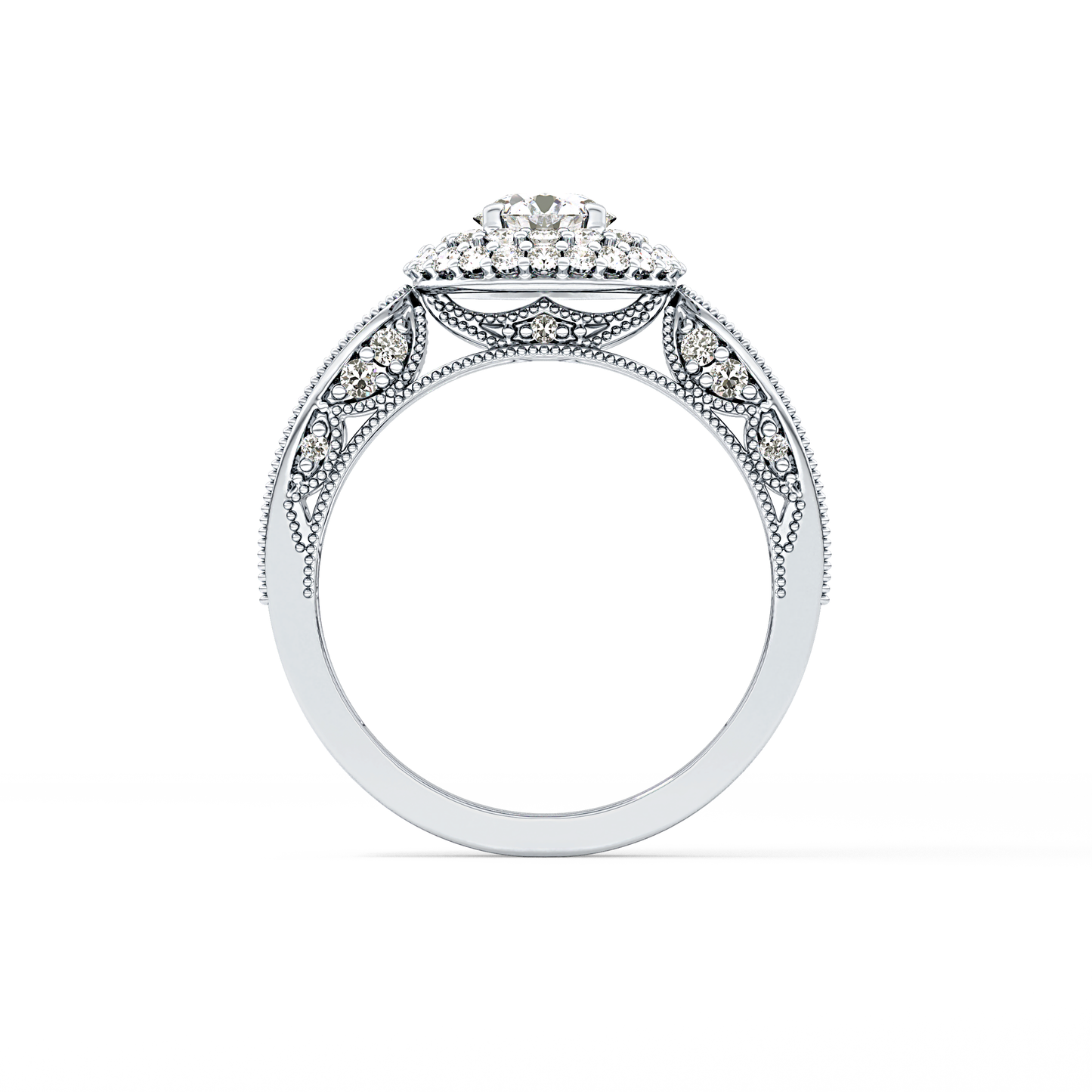 Round Cut 0.49 Carat Moissanite Ring – Double Halo and Pave Setting in Gold