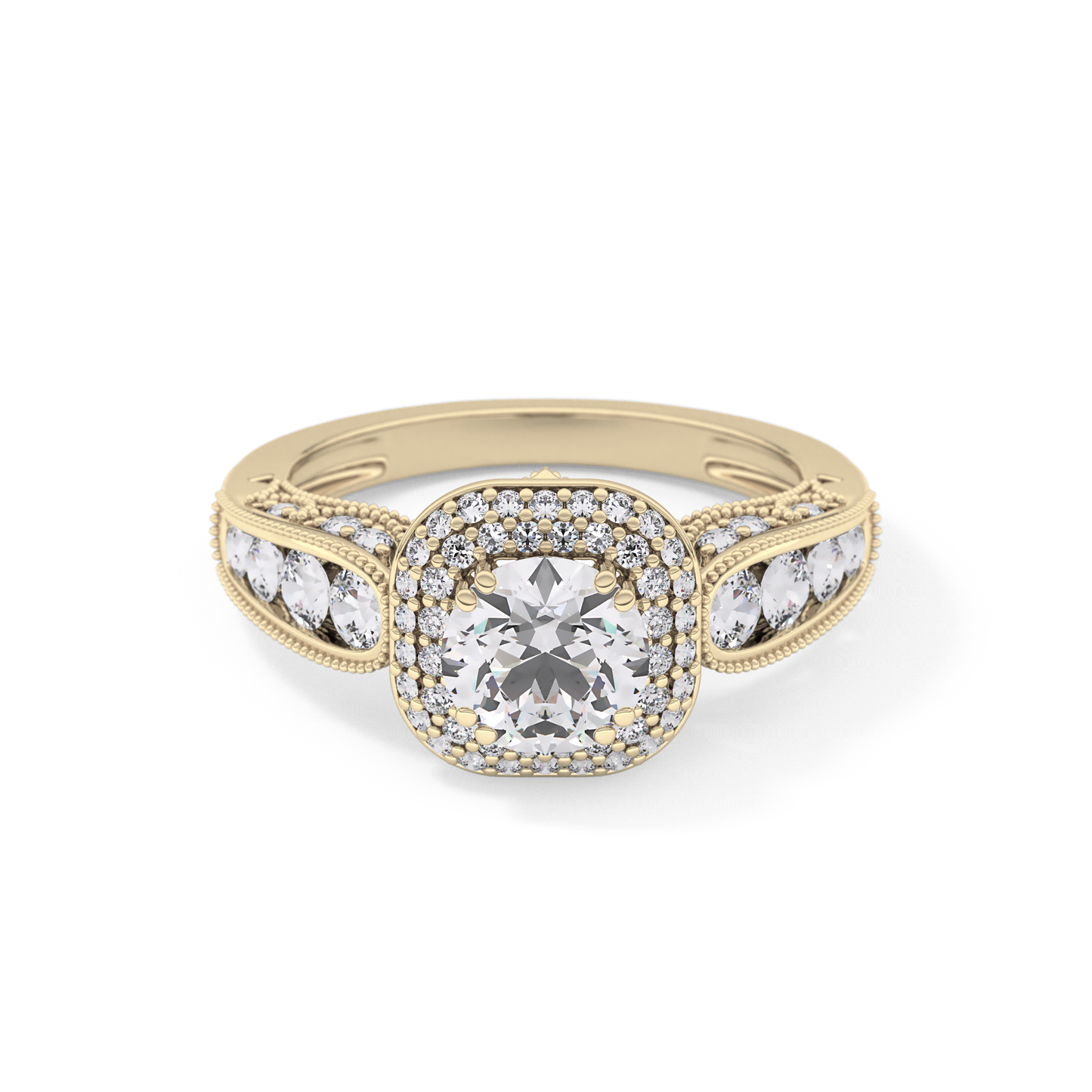 Round Cut 1.05 Carat Moissanite Ring – Double Halo and Pave Setting in Gold