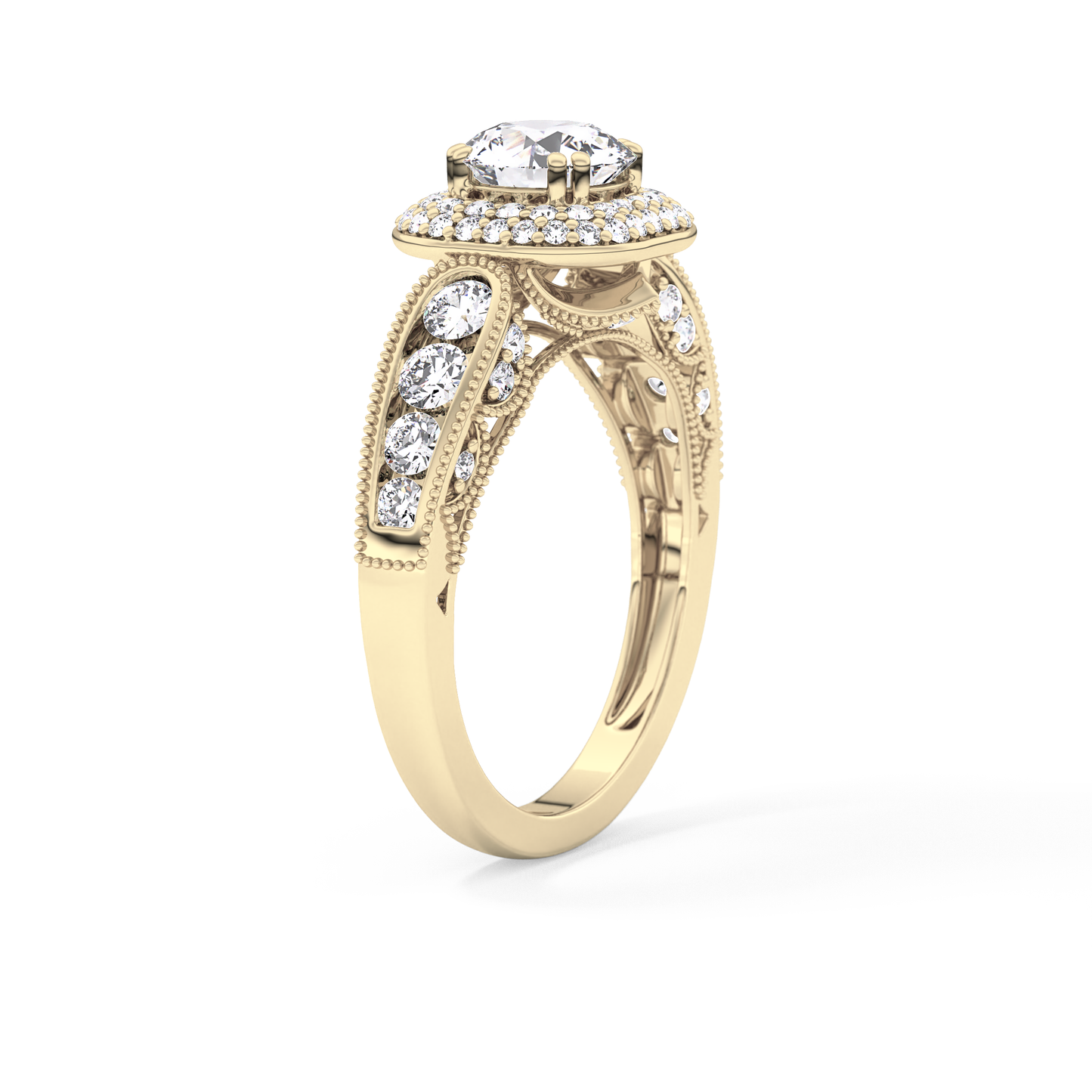 Round Cut 1.05 Carat Moissanite Ring – Double Halo and Pave Setting in Gold
