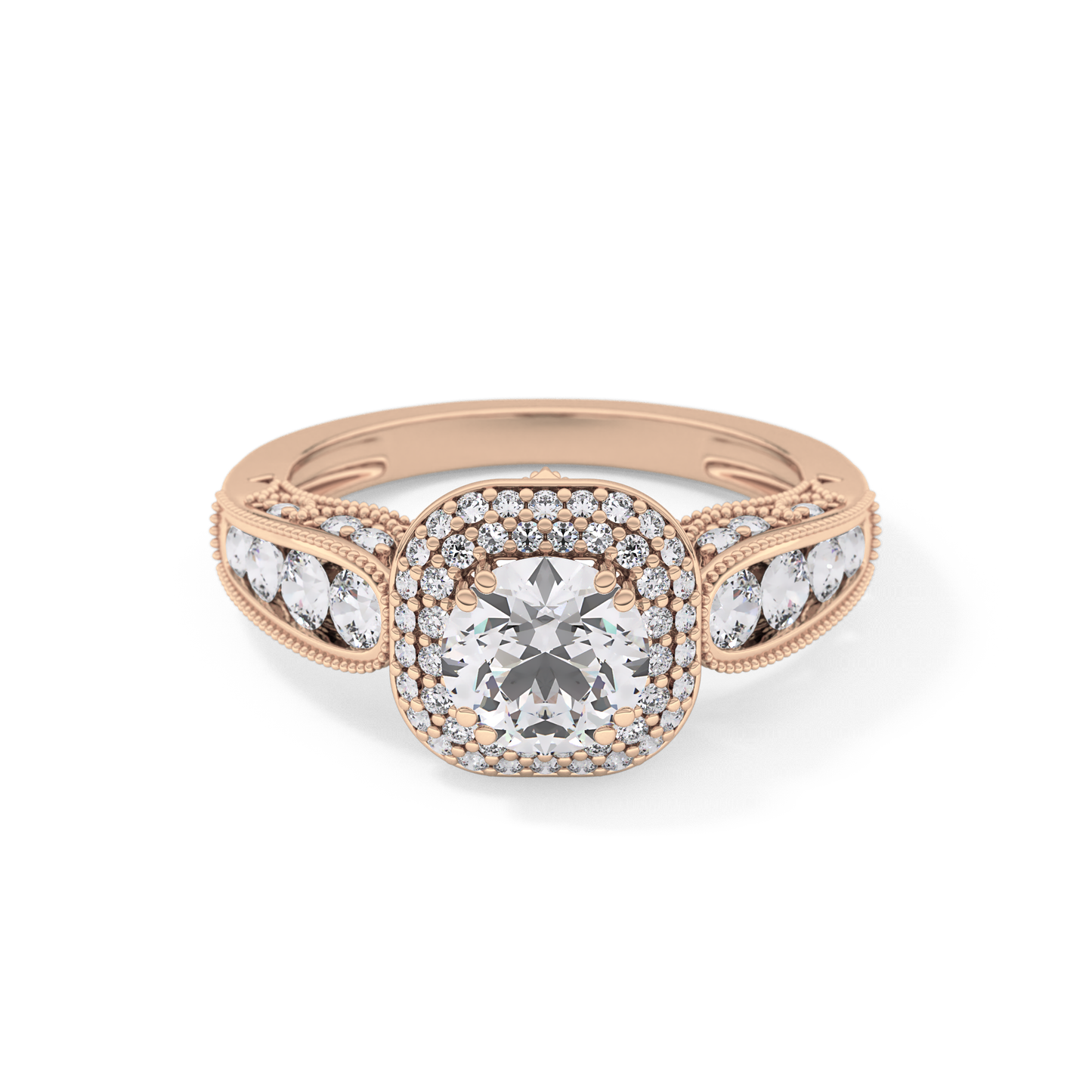 Round Cut 1.05 Carat Moissanite Ring – Double Halo and Pave Setting in Gold