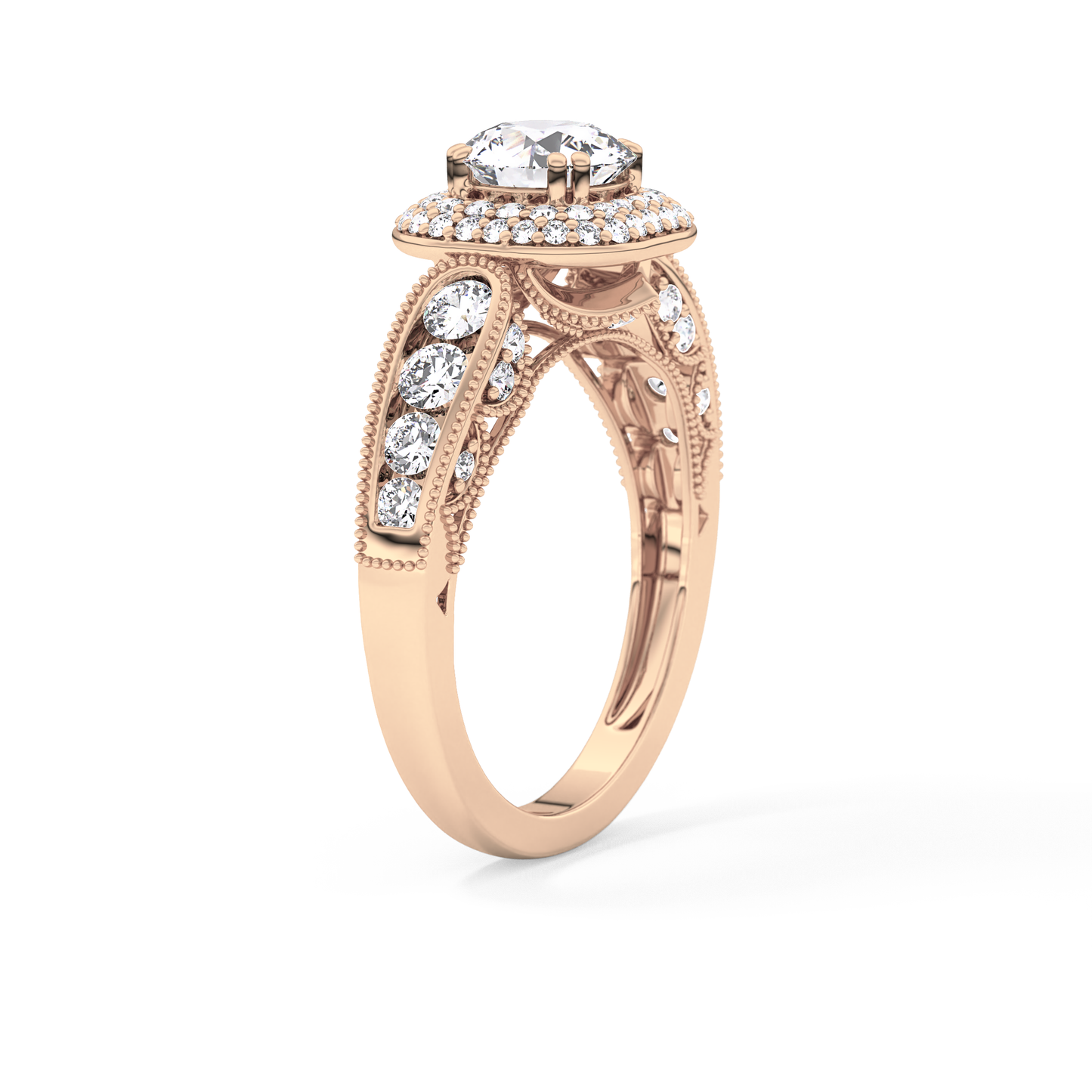 Round Cut 1.05 Carat Moissanite Ring – Double Halo and Pave Setting in Gold