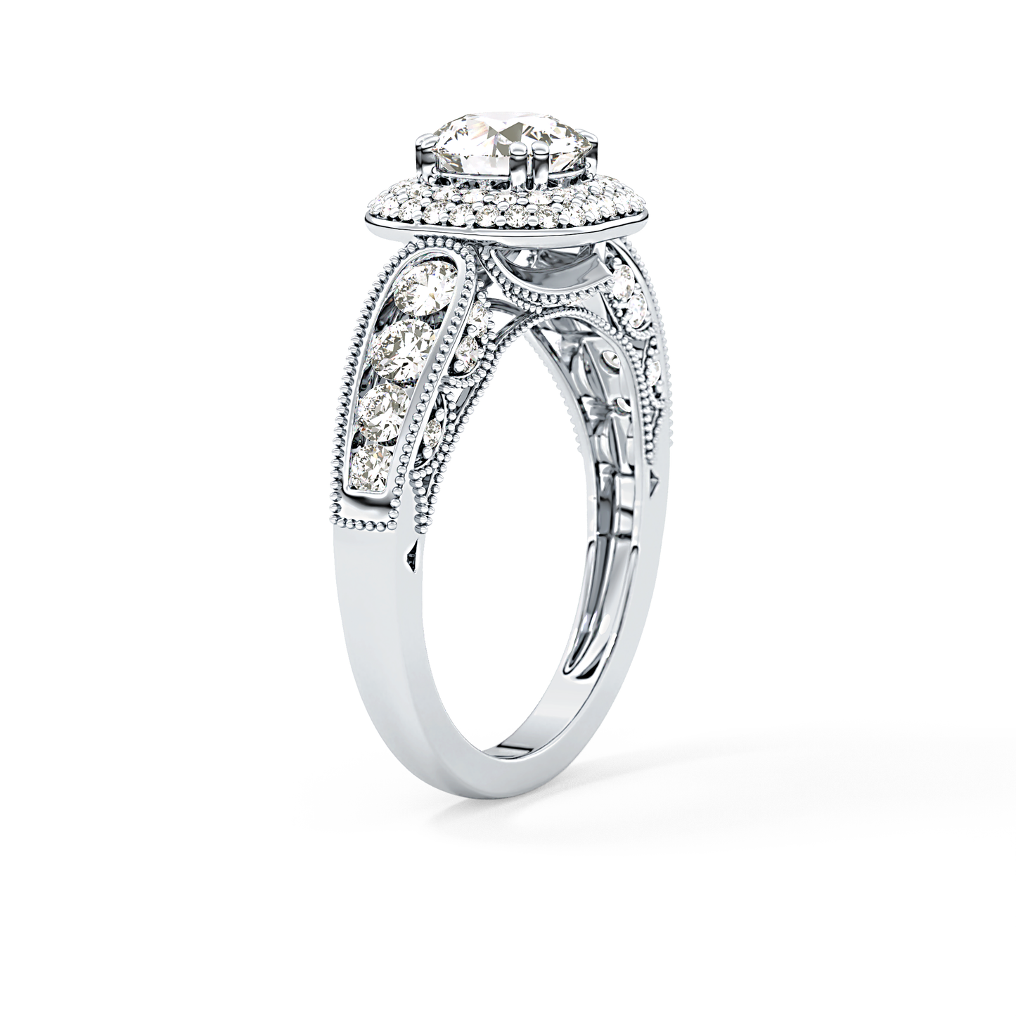 Round Cut 1.05 Carat Moissanite Ring – Double Halo and Pave Setting in Gold