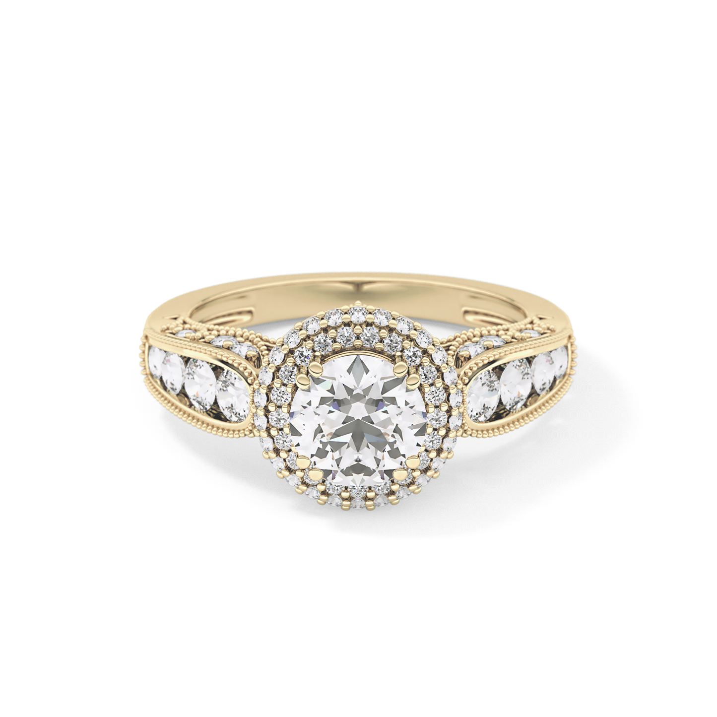 Round Cut 1.05 Carat Moissanite Ring – Double Halo and Pave Setting in Gold