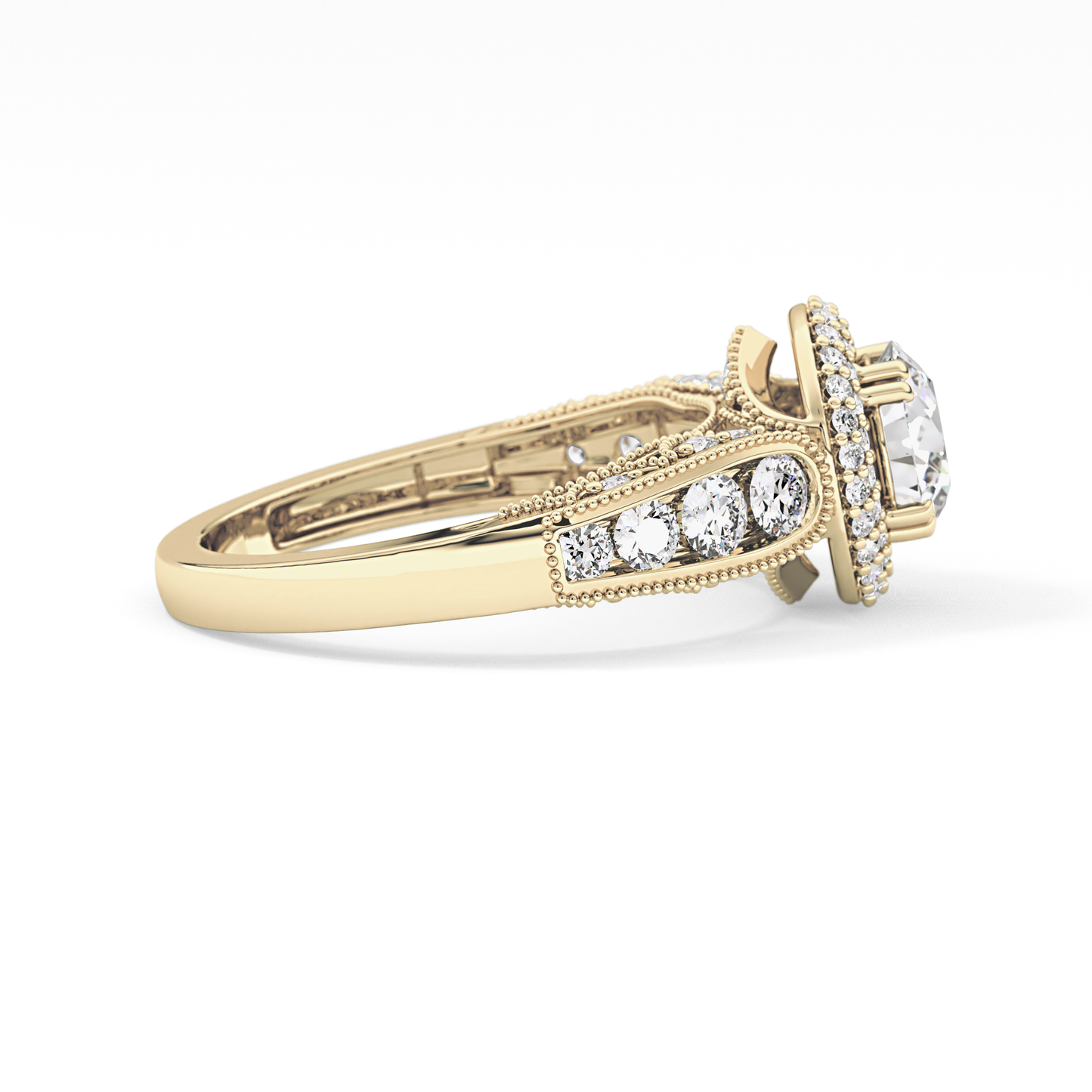 Round Cut 1.05 Carat Moissanite Ring – Double Halo and Pave Setting in Gold