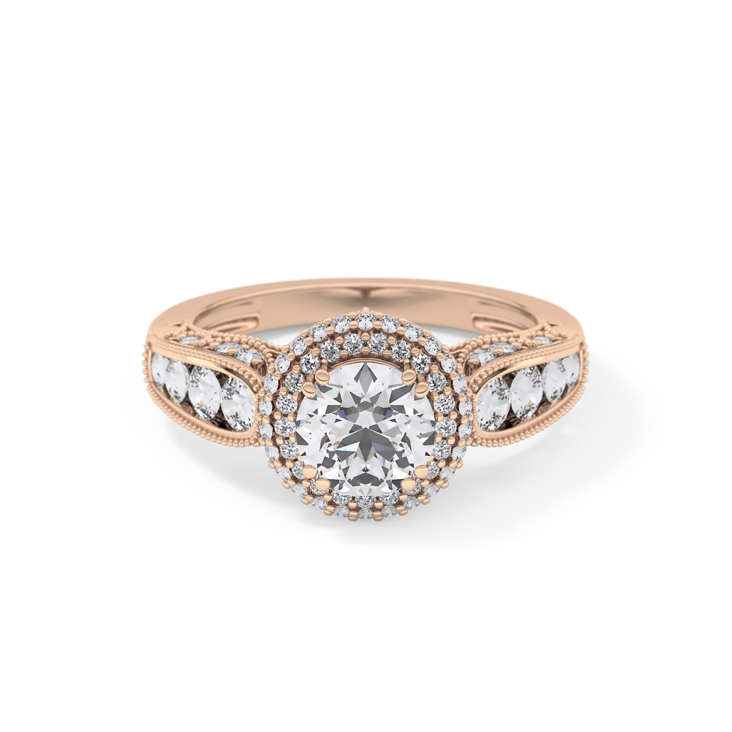 Round Cut 1.05 Carat Moissanite Ring – Double Halo and Pave Setting in Gold