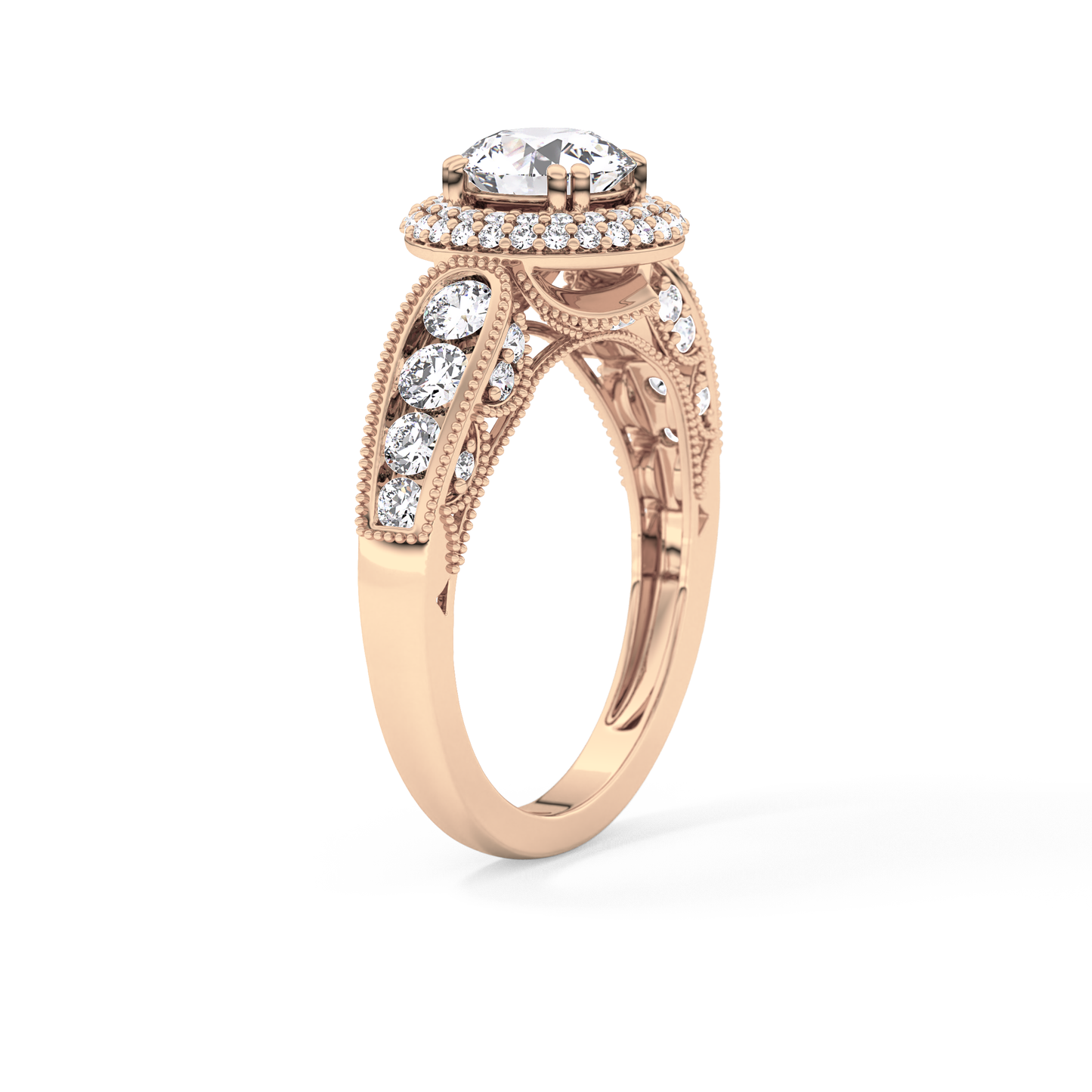 Round Cut 1.05 Carat Moissanite Ring – Double Halo and Pave Setting in Gold