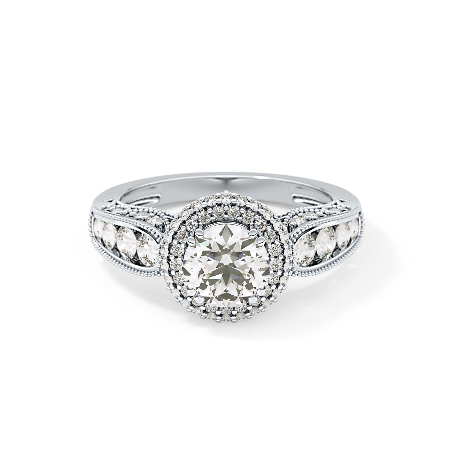Round Cut 1.05 Carat Moissanite Ring – Double Halo and Pave Setting in Gold