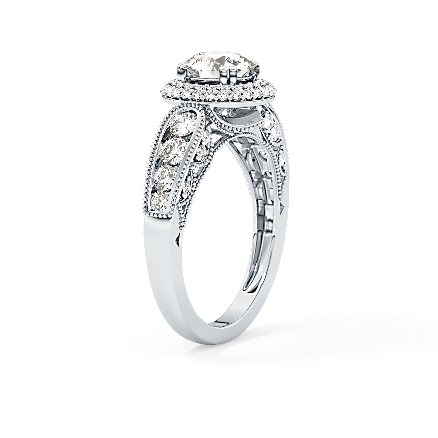 Round Cut 1.05 Carat Moissanite Ring – Double Halo and Pave Setting in Gold