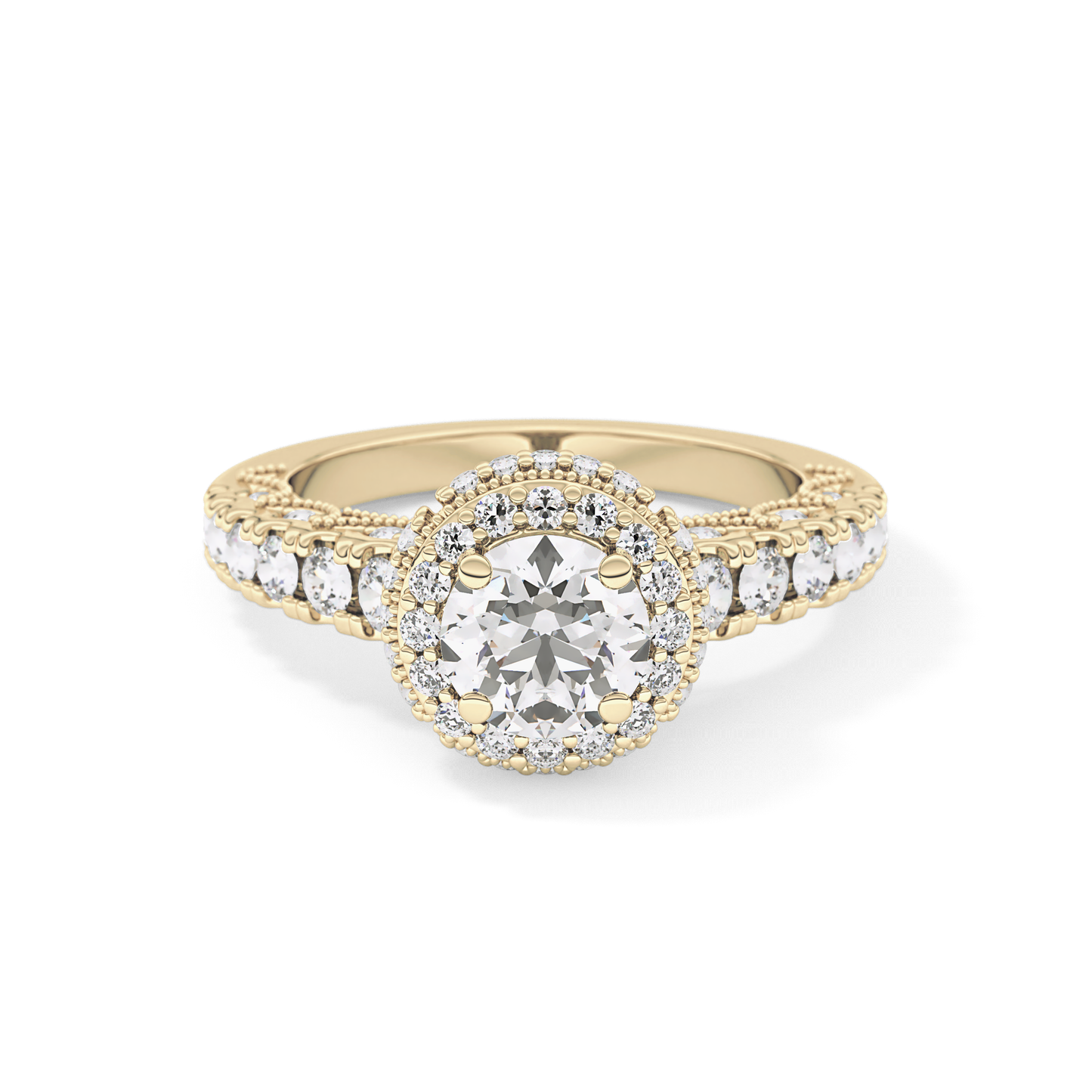 Round Cut 1.05 Carat Moissanite Ring – Halo and Pave Setting in Gold